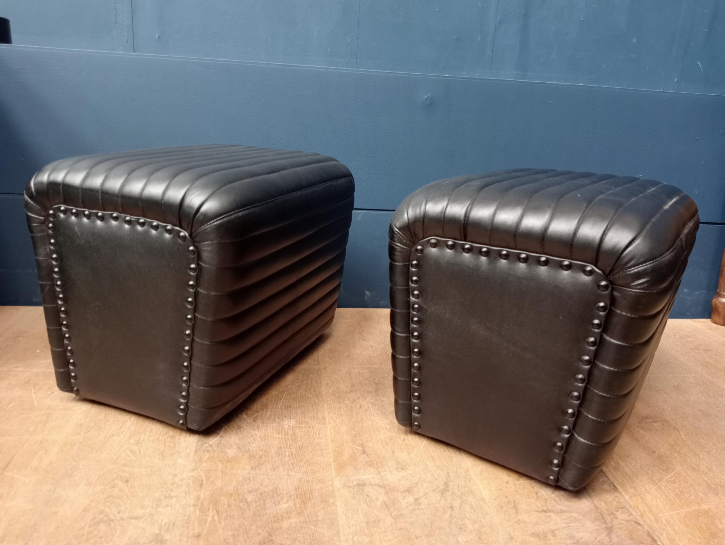 Pair of ribbed black leather foot stools {H 38cm x W 46cm x D 36cm }. - Image 2 of 4