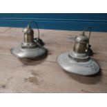 Pair of brushed brass hanging lights {57 cm H x 33 cm Dia.}.