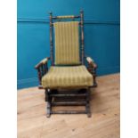 Edwardian mahogany and upholstered rocking chair {112 cm H x 58 cm W x 68 cm D}.