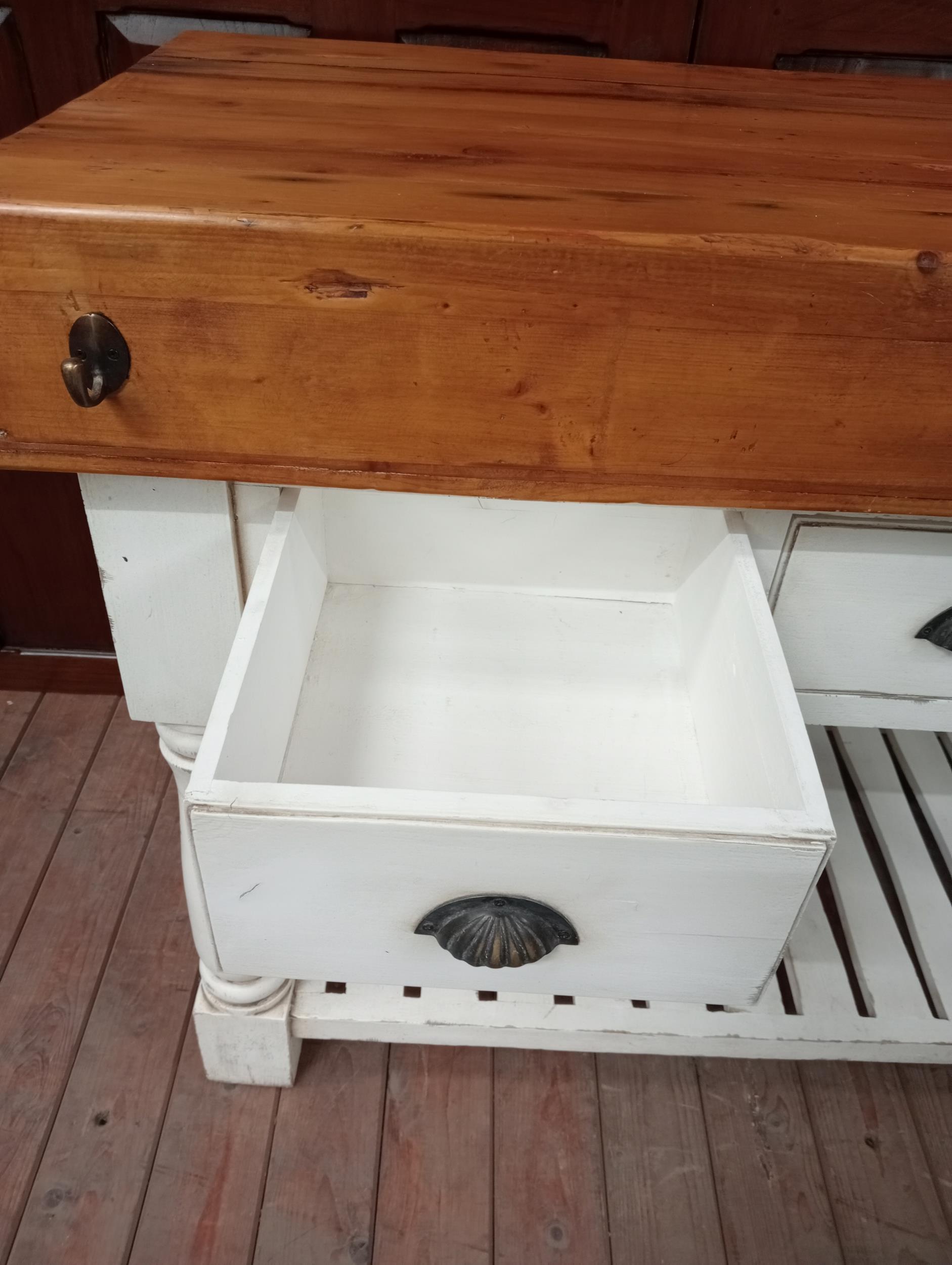 Butchers block with three short drawers raised on turned legs {H 90cm x W 130cm x D 59cm }. - Image 4 of 6