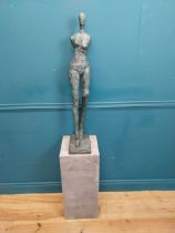 Exceptional quality bronze sculpture of a Lady on slate base. {166 cm H x 30 cm W x 30 cm D}