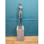 Exceptional quality bronze sculpture of a Lady on slate base. {166 cm H x 30 cm W x 30 cm D}