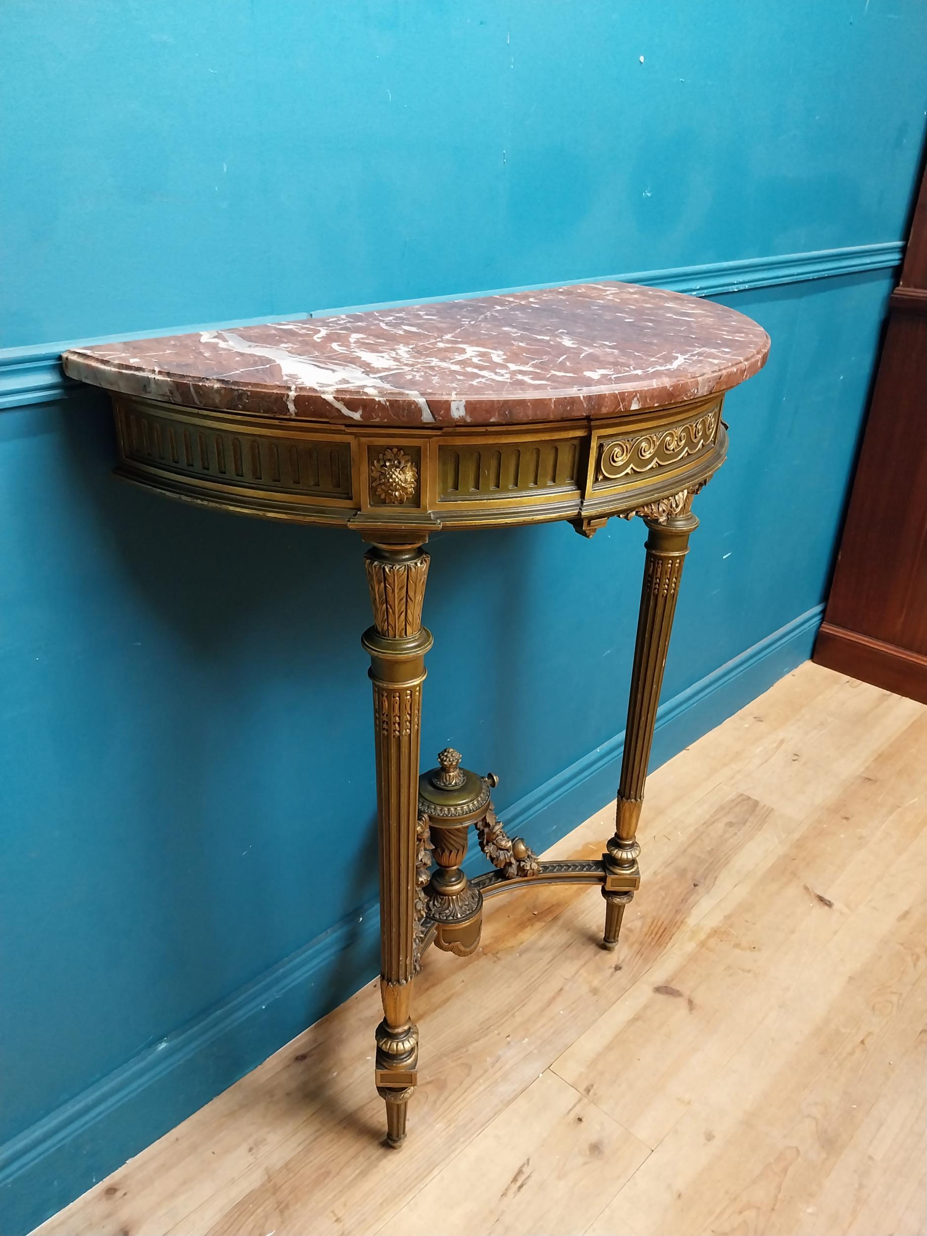 Good quality giltwood and painted console table with marble top on tapered reeded legs. {101 cm H - Image 3 of 7