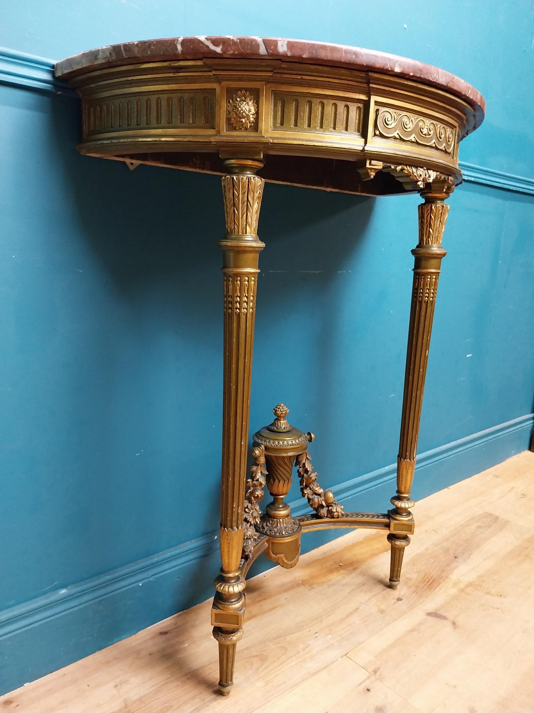 Good quality giltwood and painted console table with marble top on tapered reeded legs. {101 cm H - Image 5 of 7