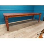 Country pine kitchen table raised on turned legs {80 cm H x 217 cm W x 85 cm D}.
