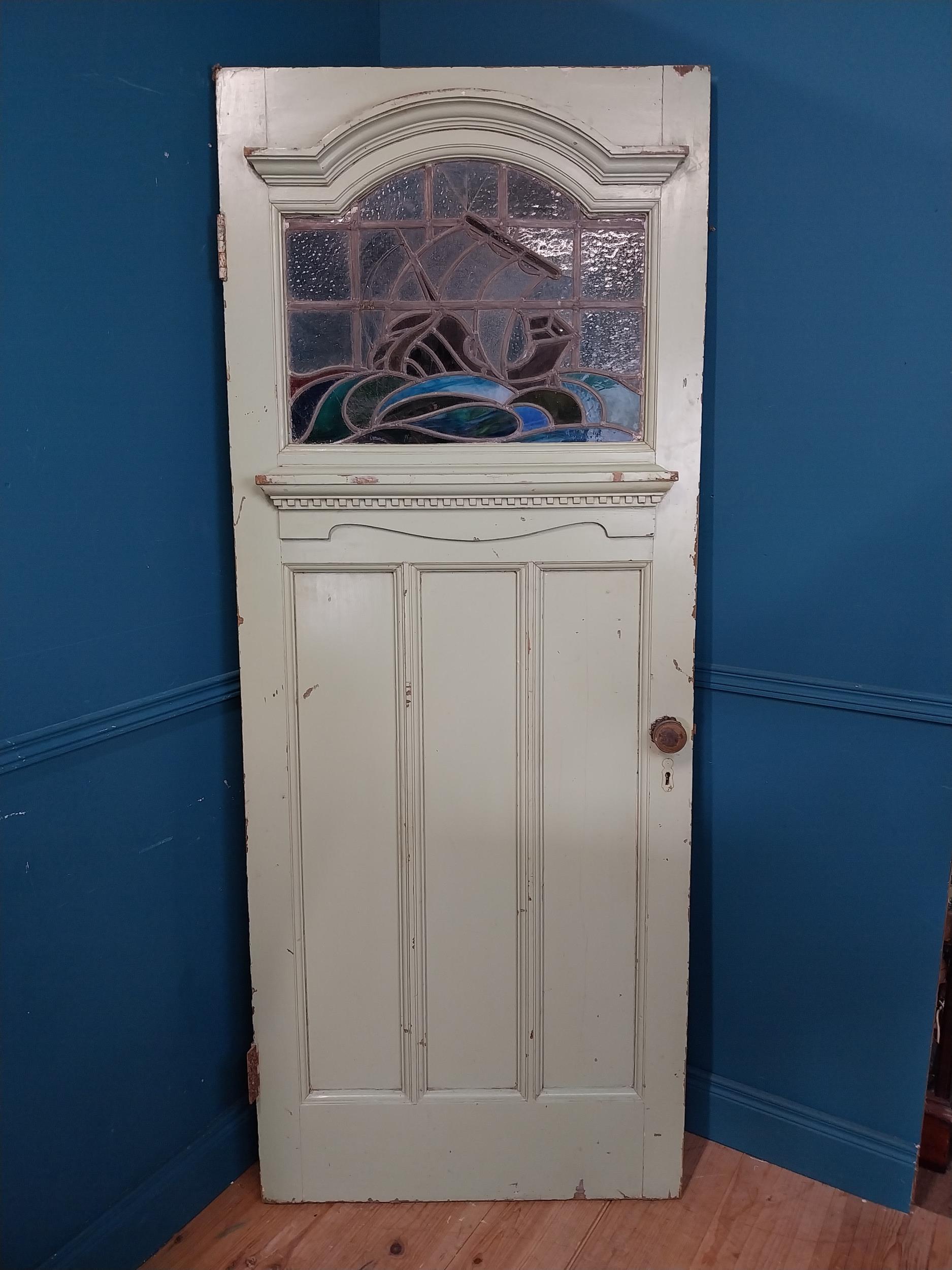 Art Nouveau painted wooden front door with stained glass panel {204 cm H x 81 cm W}. - Image 3 of 3