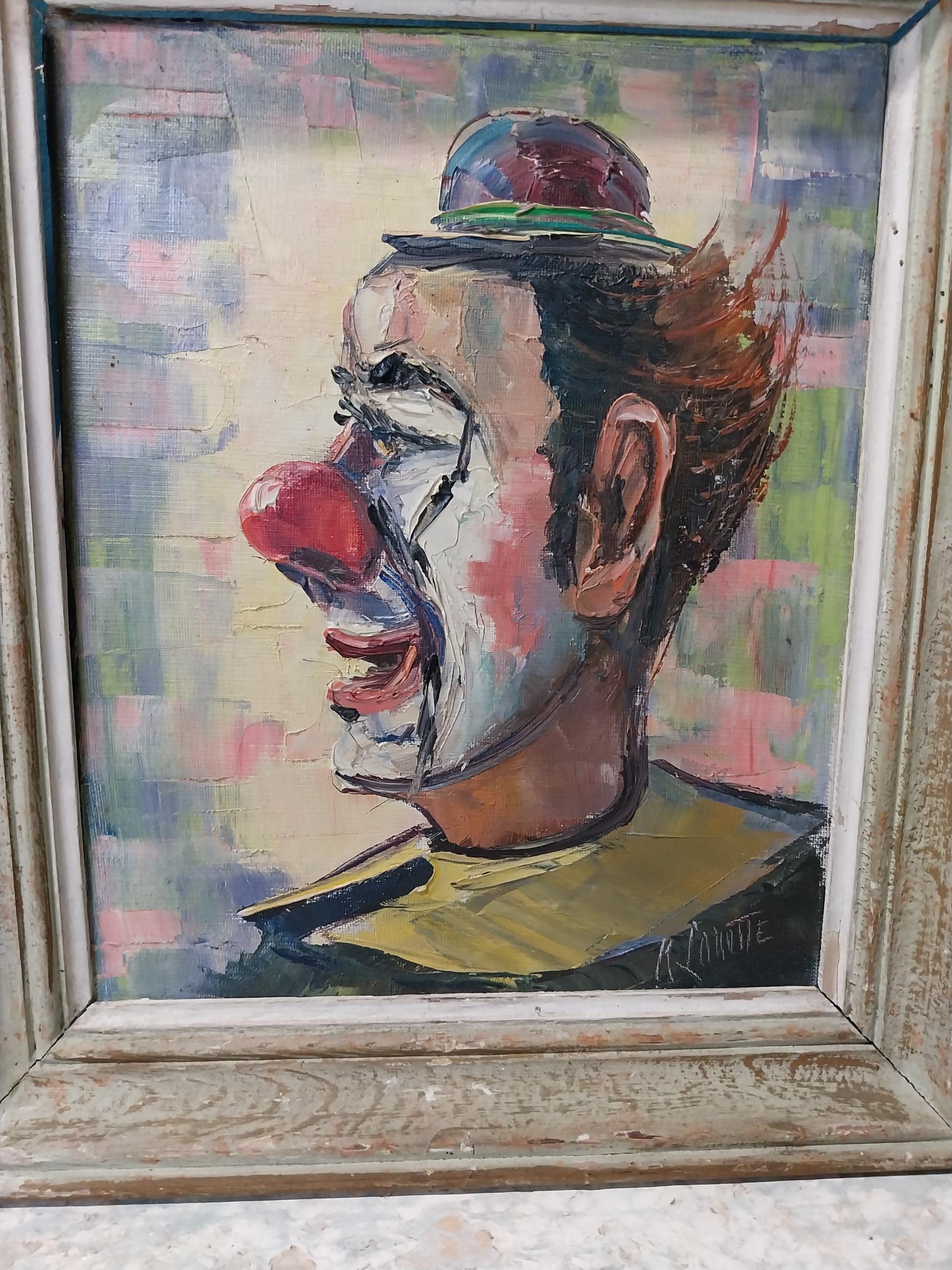 Set of three early 20th C. Clown oil on boards mounted in wooden frames {35 cm H x 30 cm W}. - Image 6 of 8