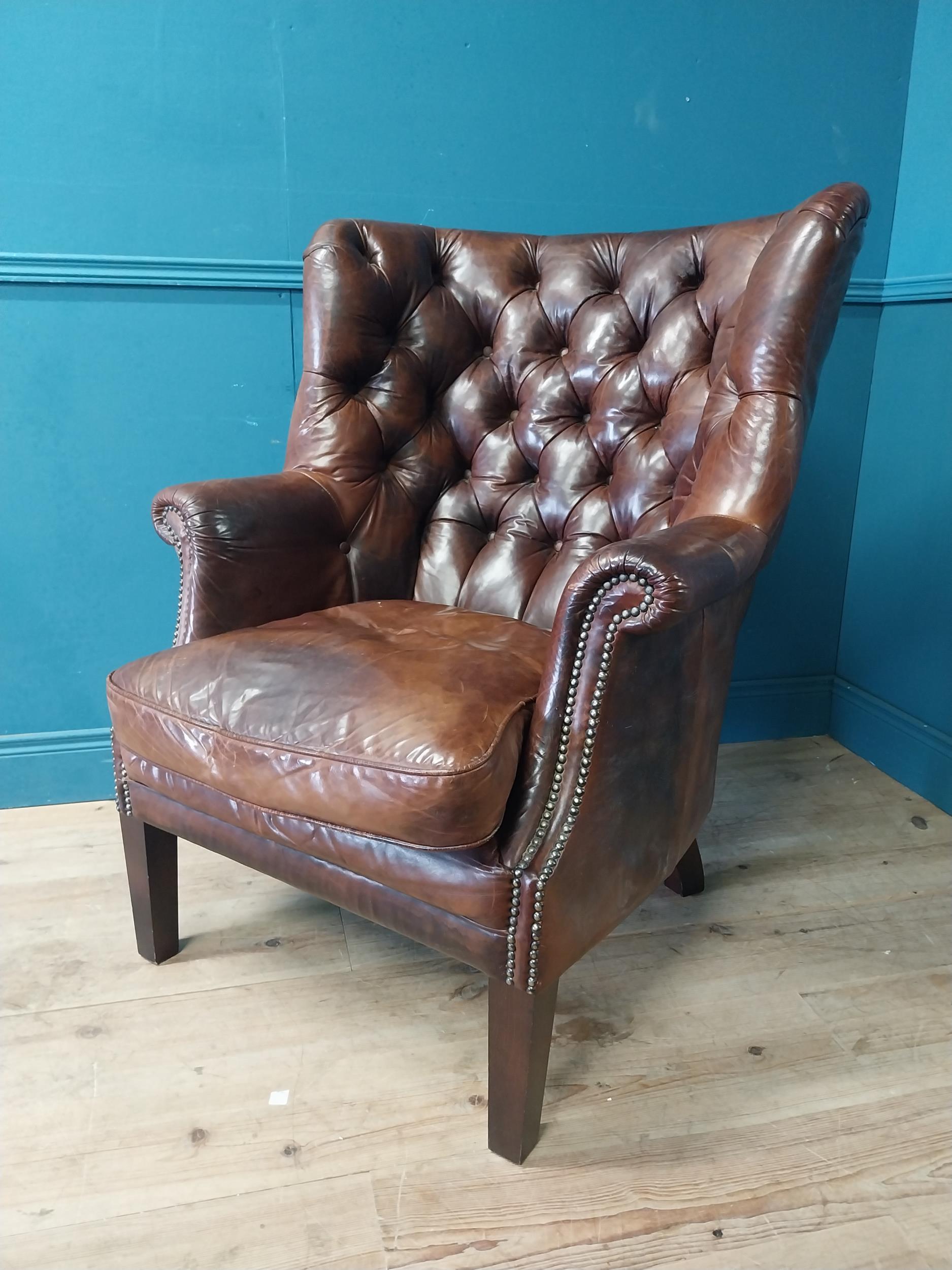 Good quality hand dyed deep buttoned wingback armchair raised on square legs. {108 cm H x 84 cm W