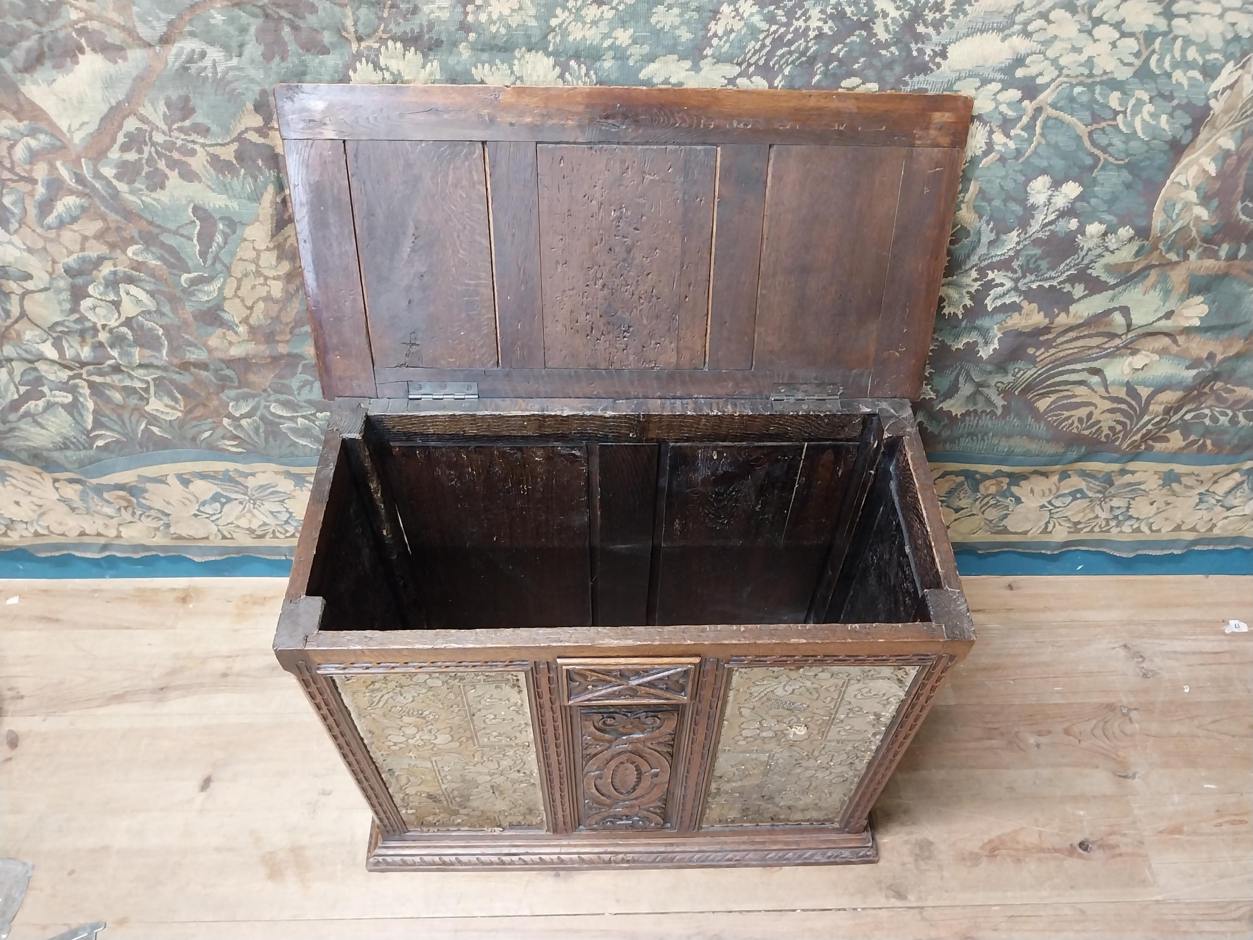 19th C. carved oak blanket box with tapestry panels {75 cm H x 85 cm W x 44 cm D}. - Image 5 of 8