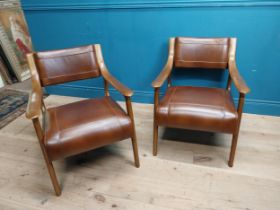 Pair of cherrywood and hand dyed leather open arm chairs {74 cm H x 58 cm W x 82 cm D}.