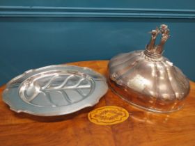 Silver plate meat platter and silver plate meat dish cover. {5 cm H x 45 cm W x 32 cm D}.