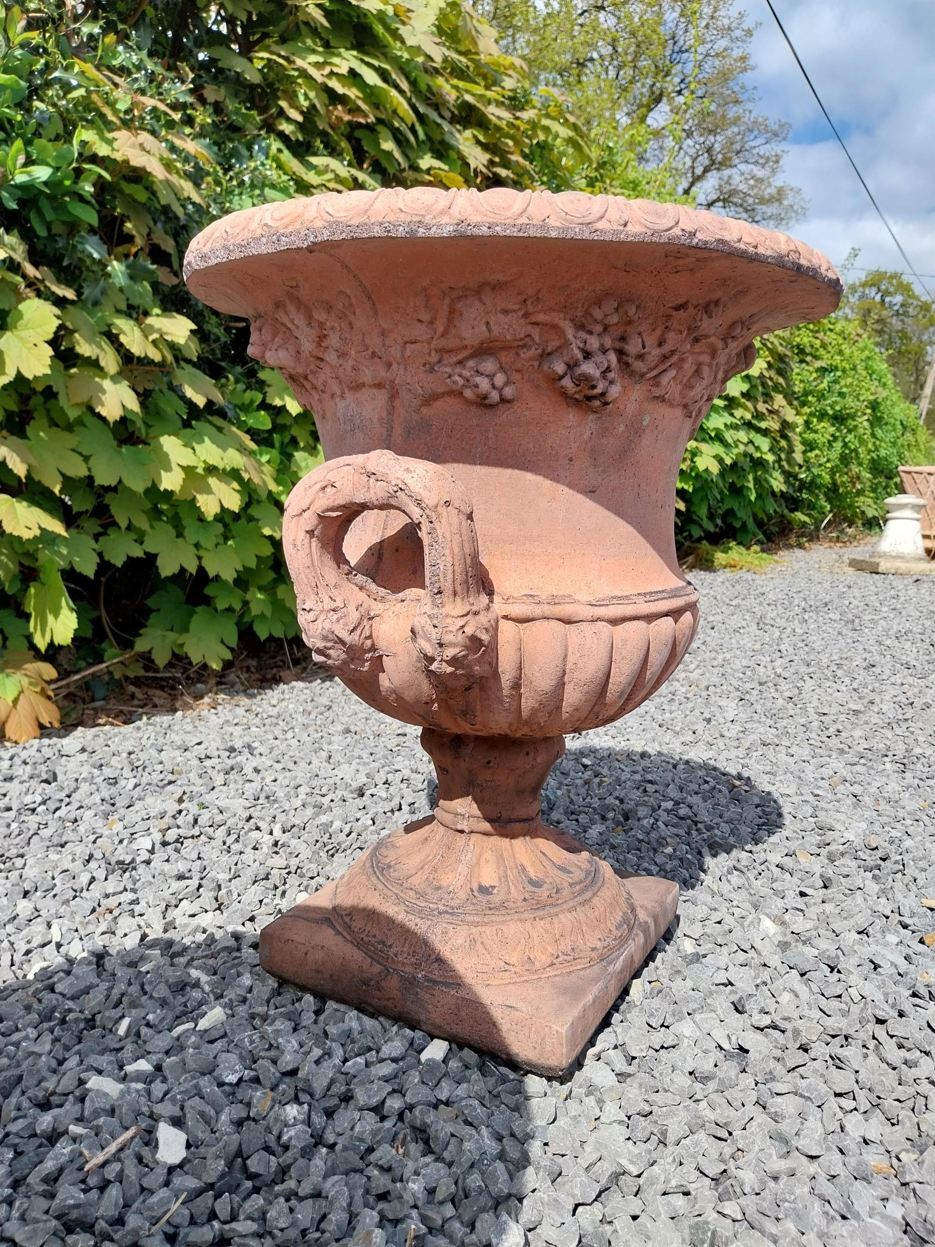 Pair of moulded terracotta lattice urns ivy leaf decoration {56 cm H x 46 cm Dia.}. - Image 6 of 8