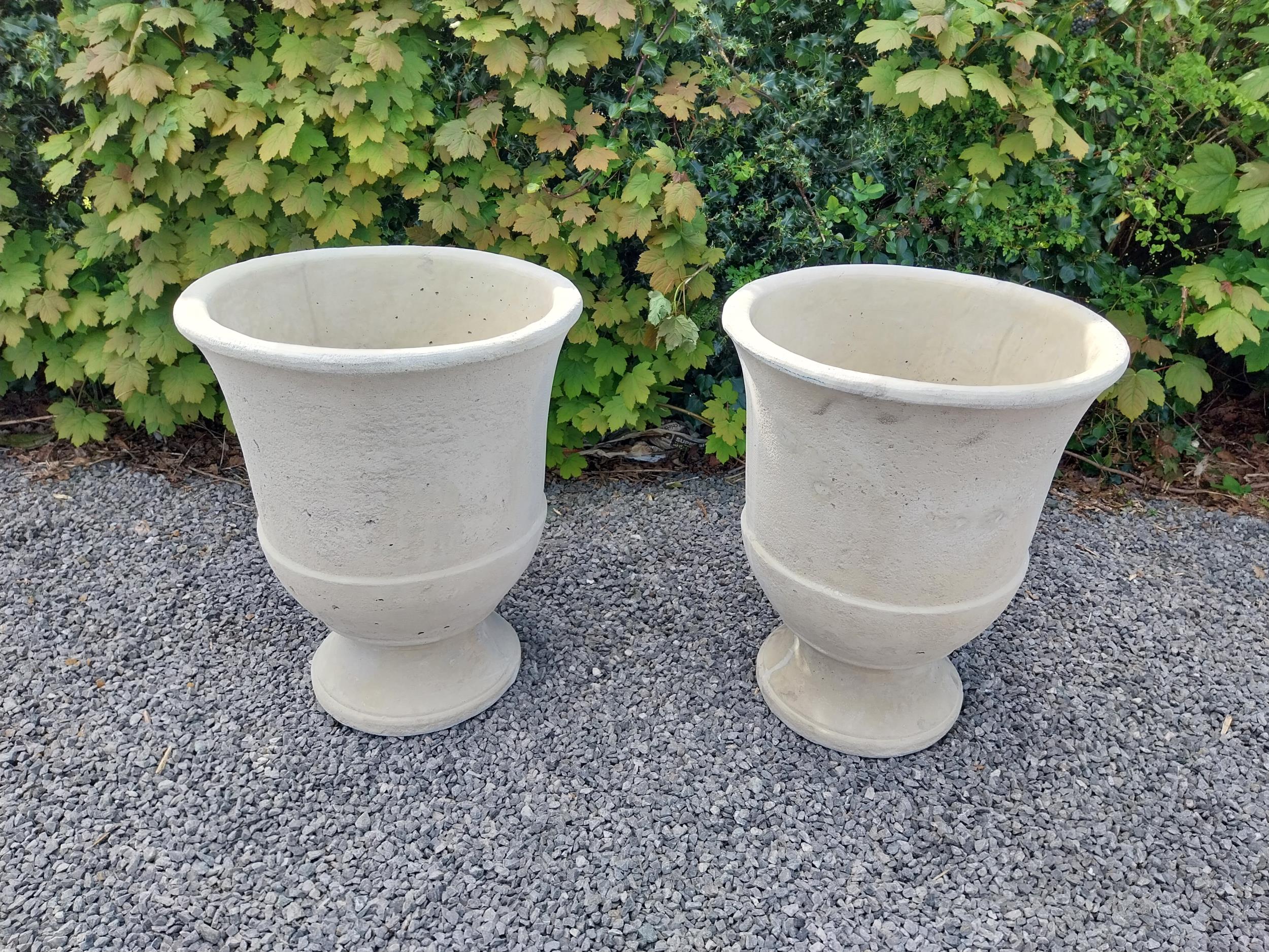 Pair of moulded sandstone circular urns {74 cm H x 59 cm Dia.}. - Image 3 of 8