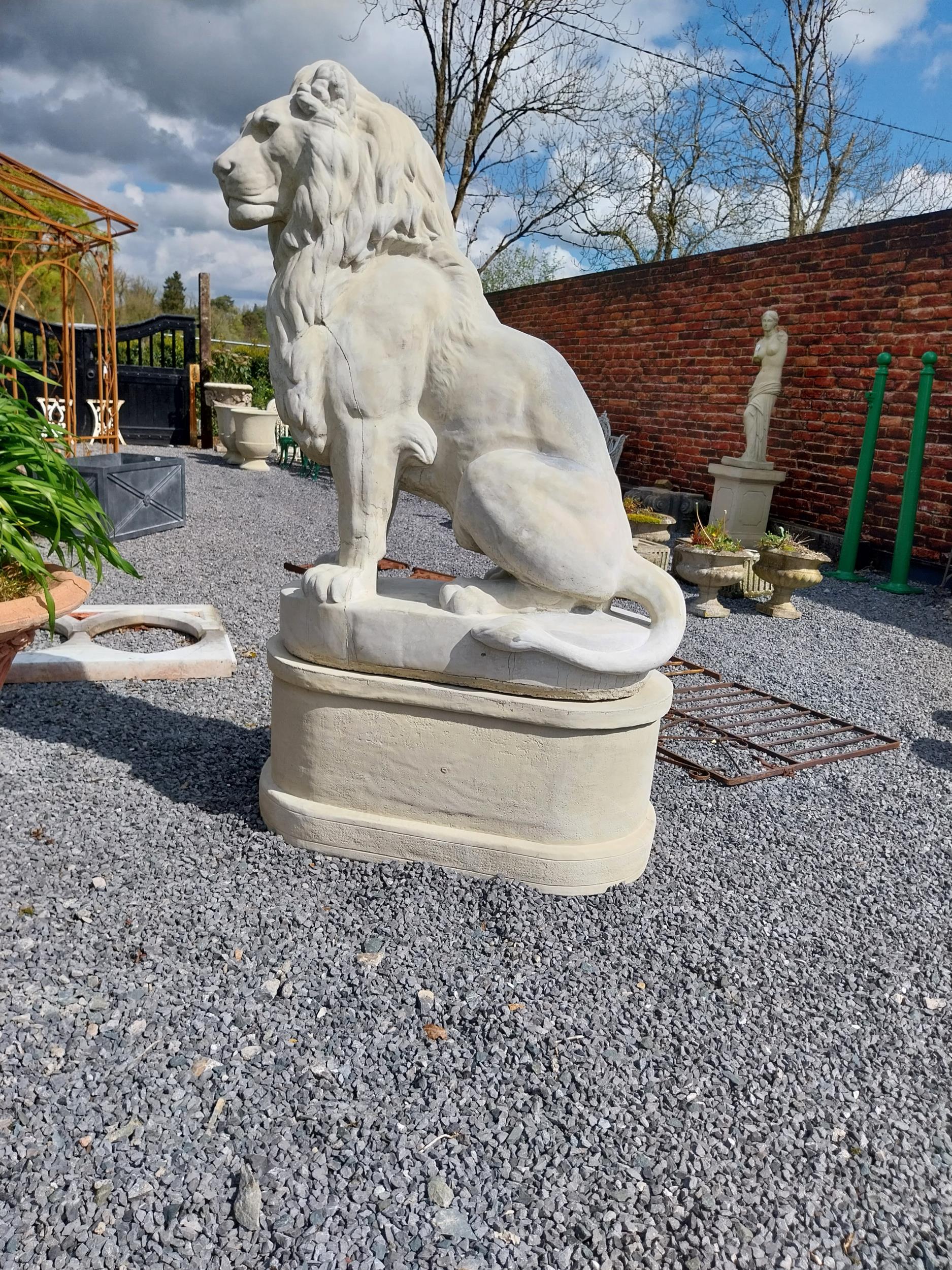 Pair of good quality moulded stone statues of seated Lions raised on pedestals {185 cm H x 123 cm - Image 12 of 16