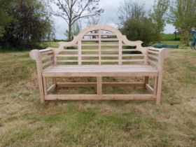 Good quality teak three seater Lutyens garden bench {106 cm H x 161 cm W x 57 cm D}.