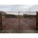 Pair of forged wrought iron riveted entrance gates {H 220cm x W 463cm x D 6cm}. (NOT AVAILABLE TO