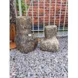 Two 19th C. sandstone kick stones {42 cm H x 23 cm W x 23 cm D and 31 cm H x 23 cm W x 26 cm D}.