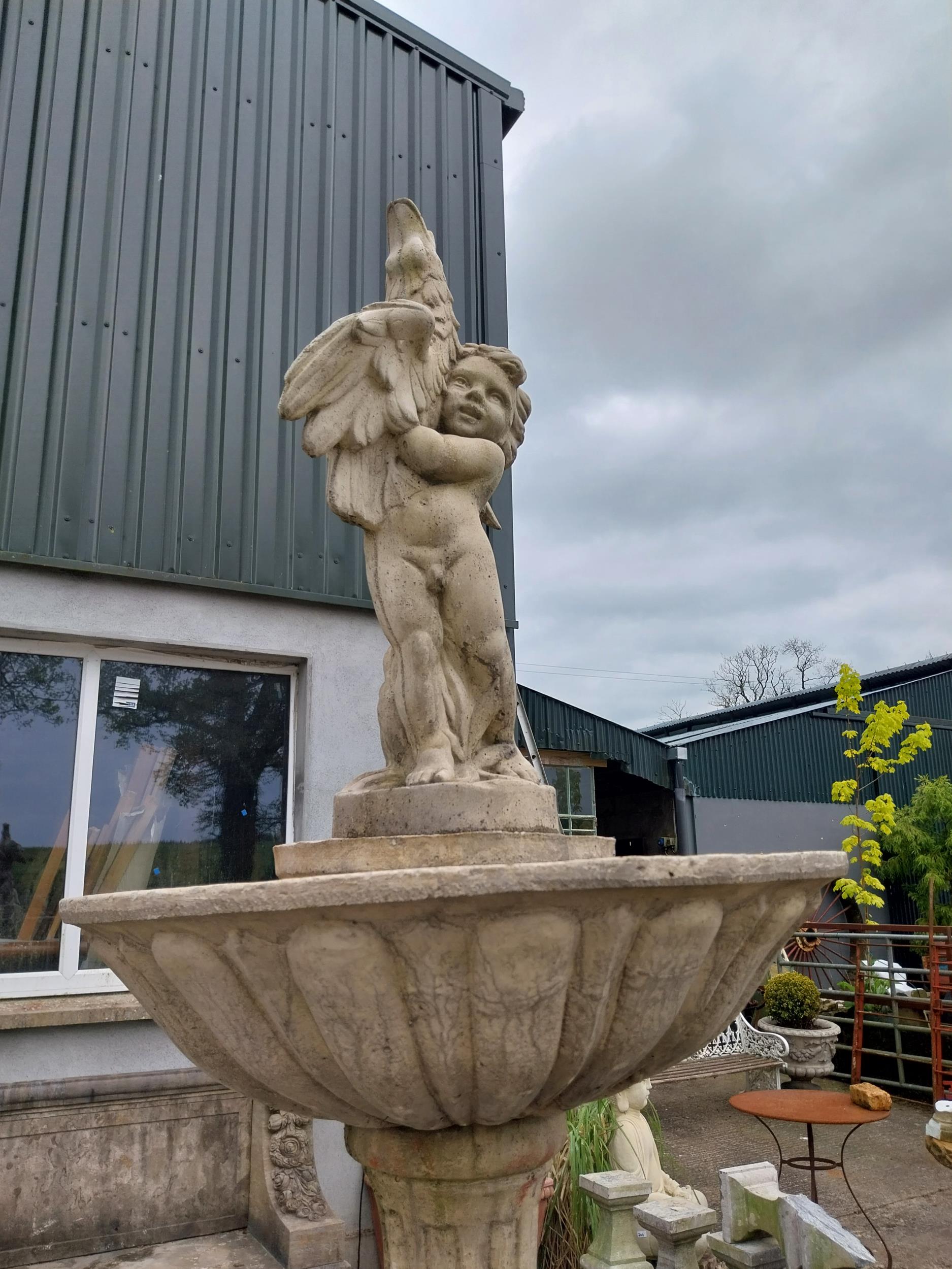 Good quality moulded sandstone two-tiered fountain surmounted by Cherub with surround {250 cm H x - Image 2 of 6