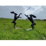 Exceptional quality bronze statues of Boxing Hares