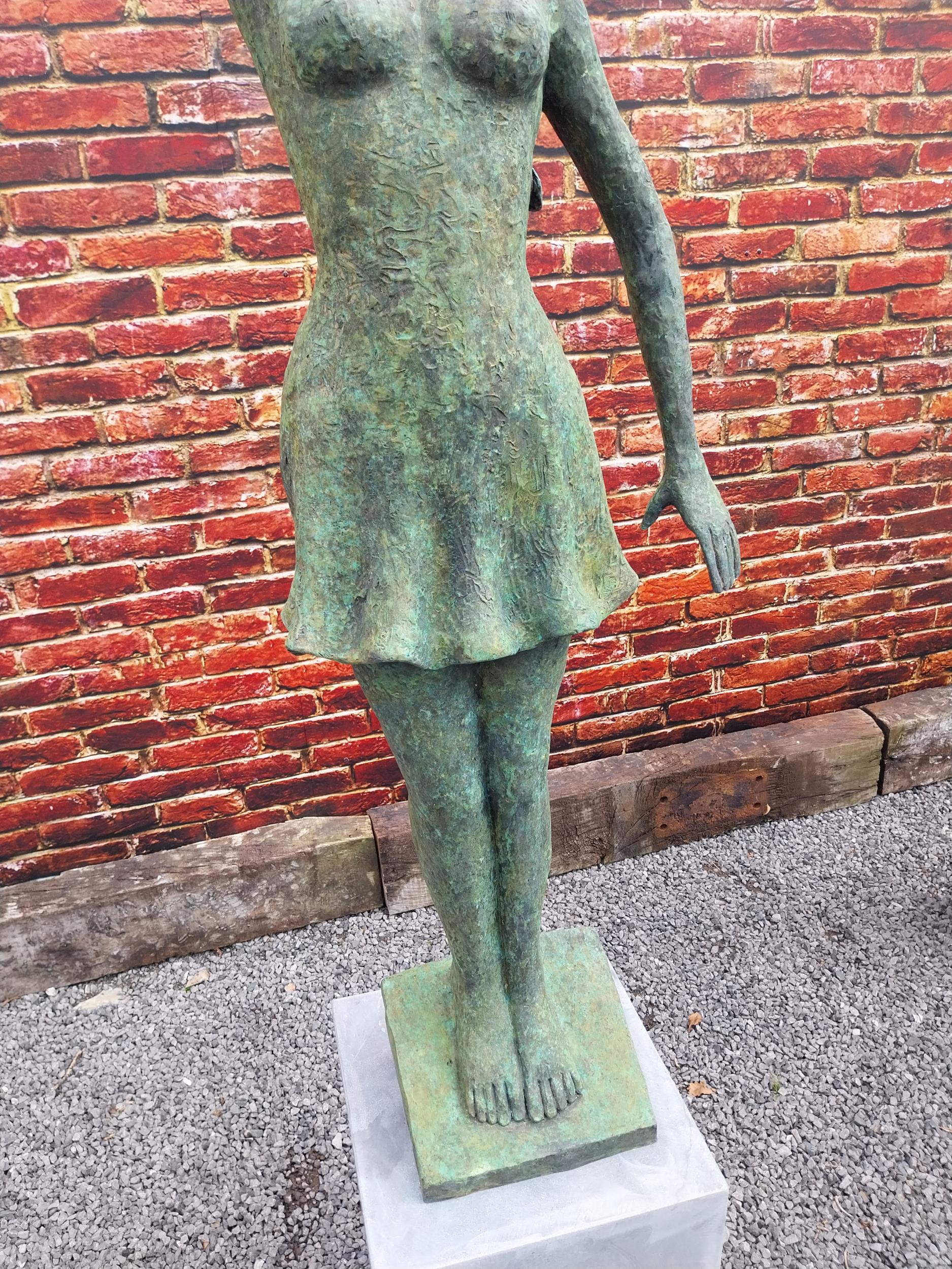 Exceptional quality bronze contemporary sculpture of a Lady with raised arm on slate plinth {Overall - Image 6 of 10