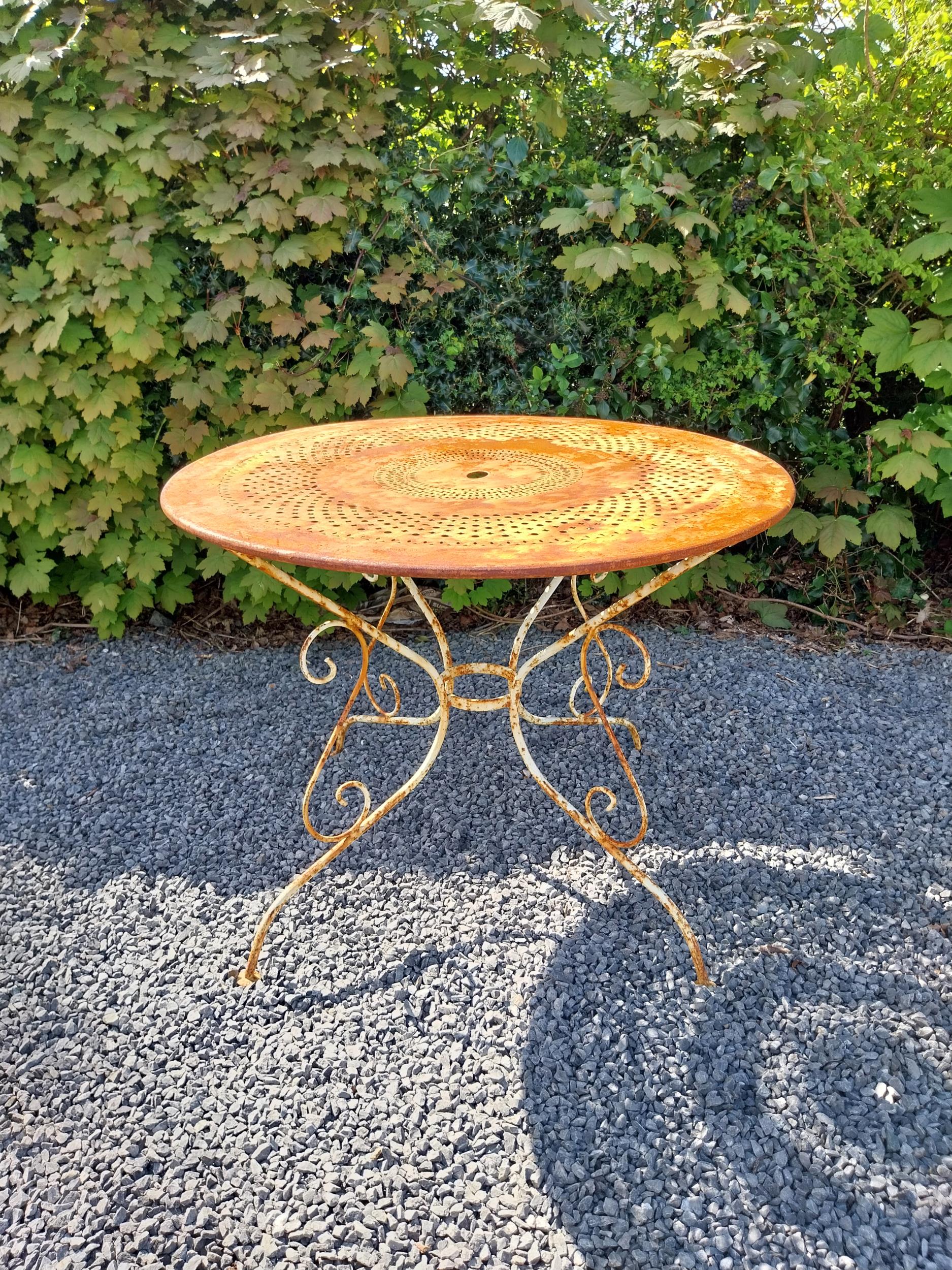 Early 20th C. French wrought iron garden table with three matching chairs and one matching - Image 8 of 9