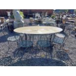 Cast iron garden table with marble top and eight good quality wrought iron garden chairs {Tbl. 75 cm