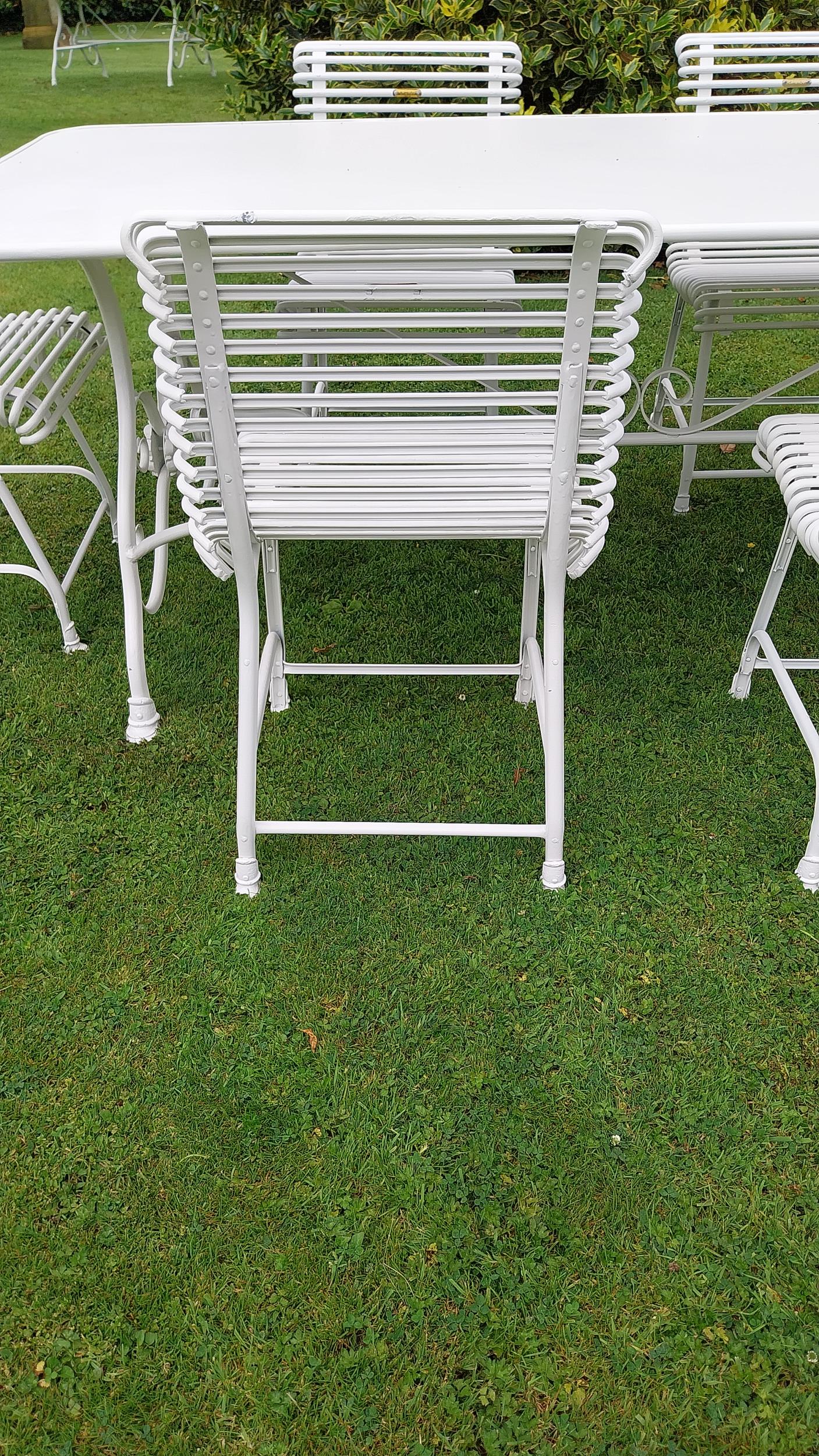 Exceptional quality hand forged wrought iron Arras style garden table and six matching ladder back - Image 7 of 9