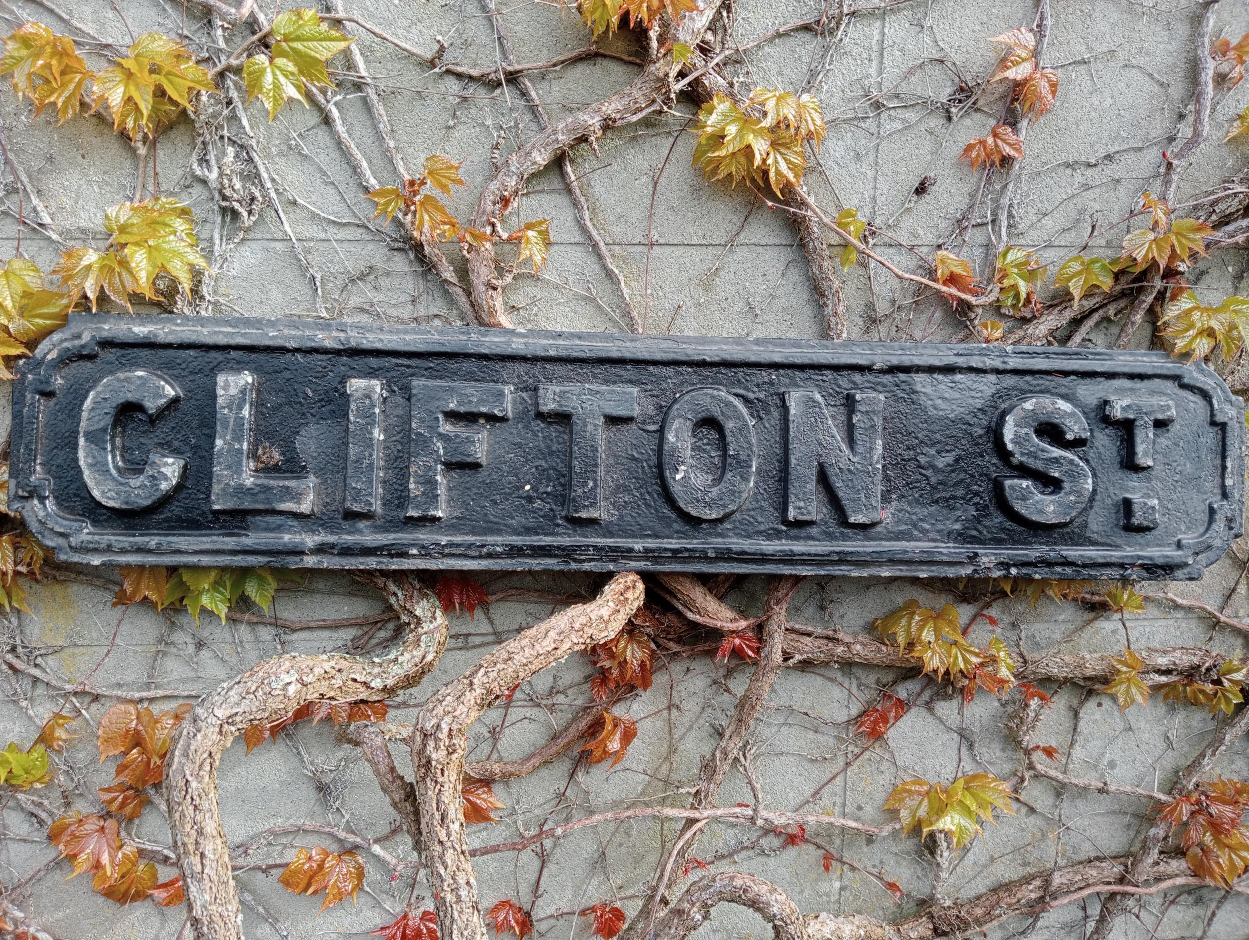 Cast iron Street sign Clifton St {H 18cm x W 91cm }. (NOT AVAILABLE TO VIEW IN PERSON)