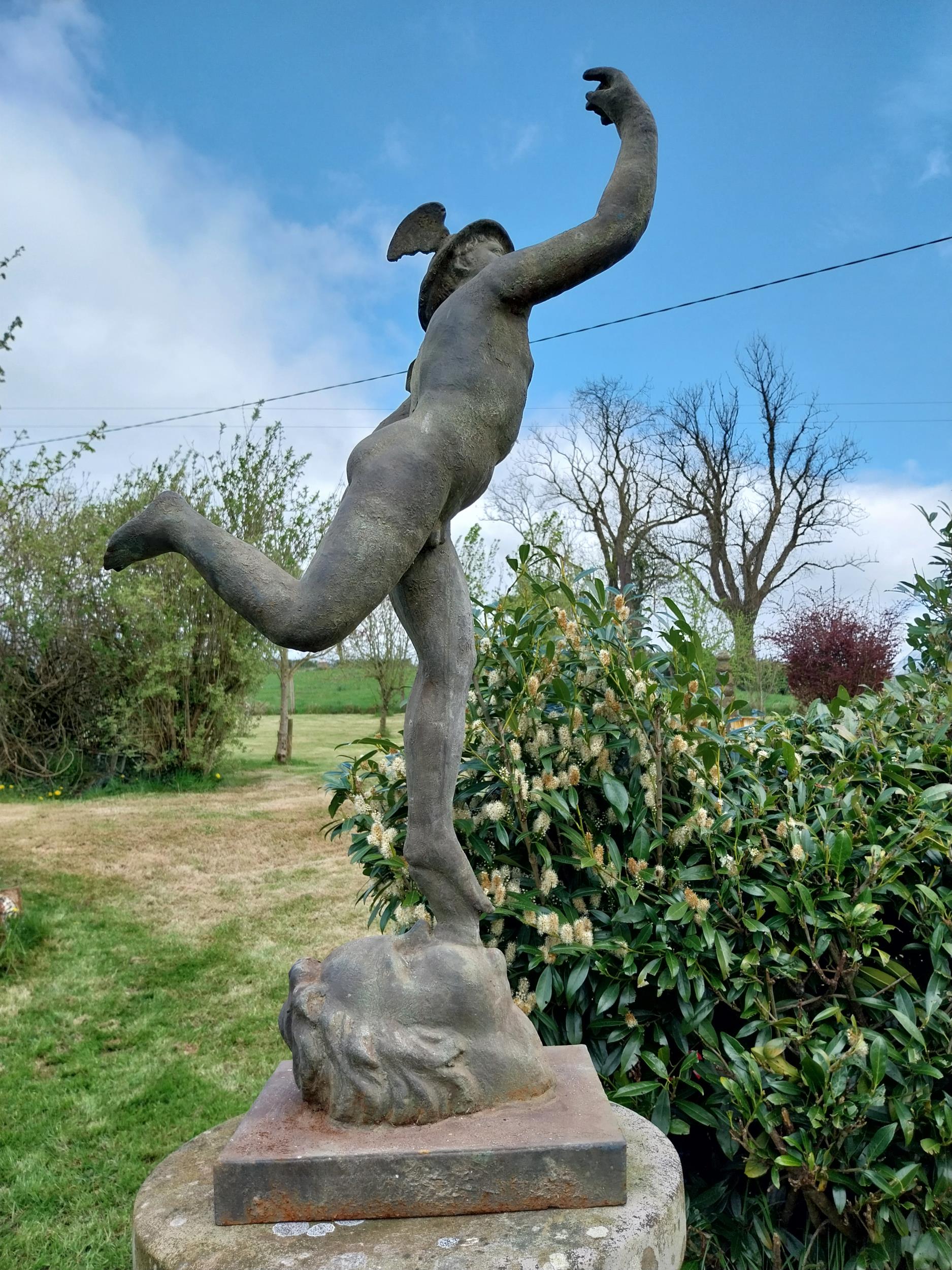 Cast iron with bronze effect sculpture of Mercury mounted on plinth {106 cm H x 29 cm W x 35 cm D}. - Image 5 of 8