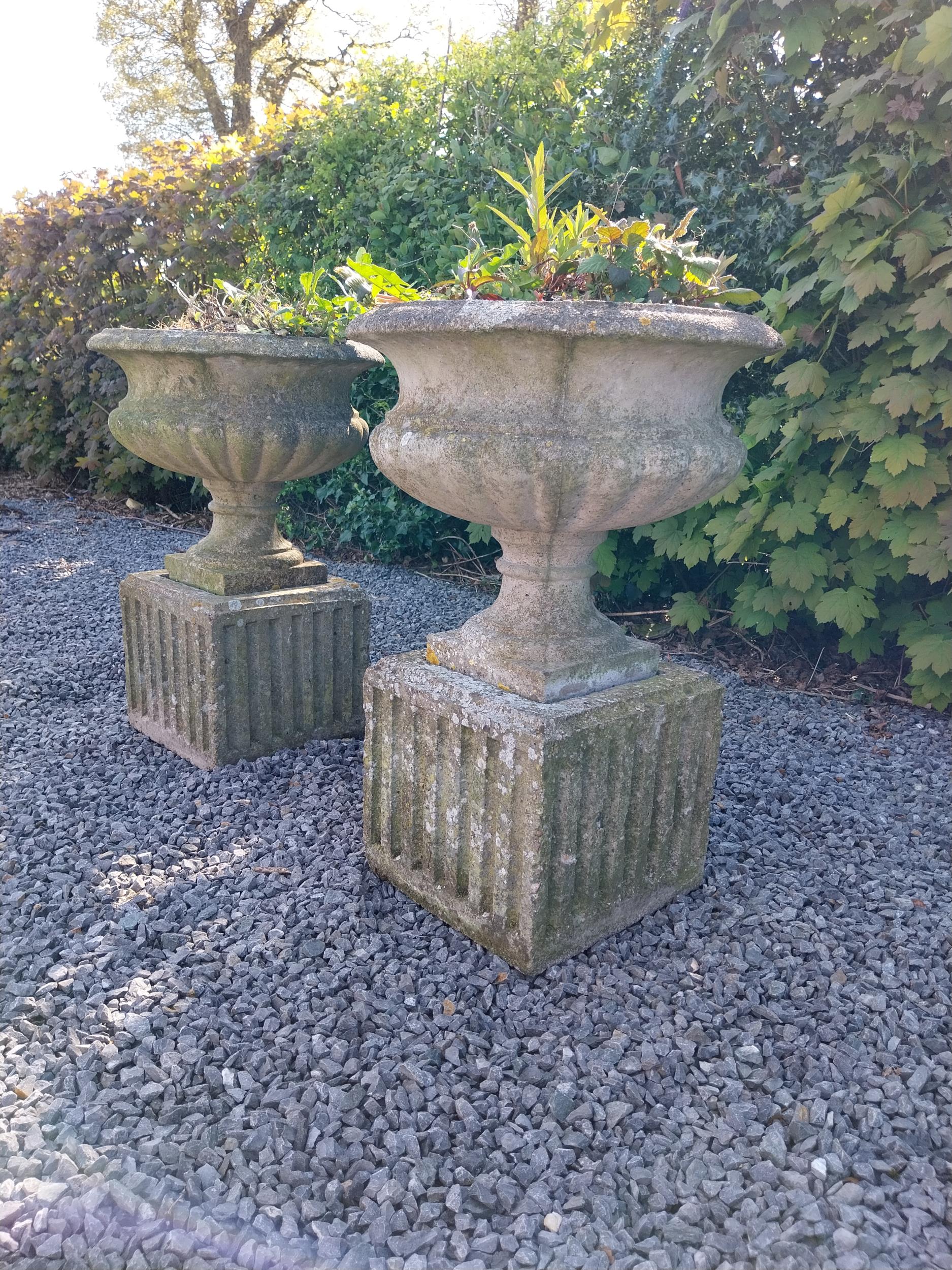 Pair of early 20th C. composition urns on square pedestals {68 cm H x 46 cm Dia.}. - Image 4 of 8