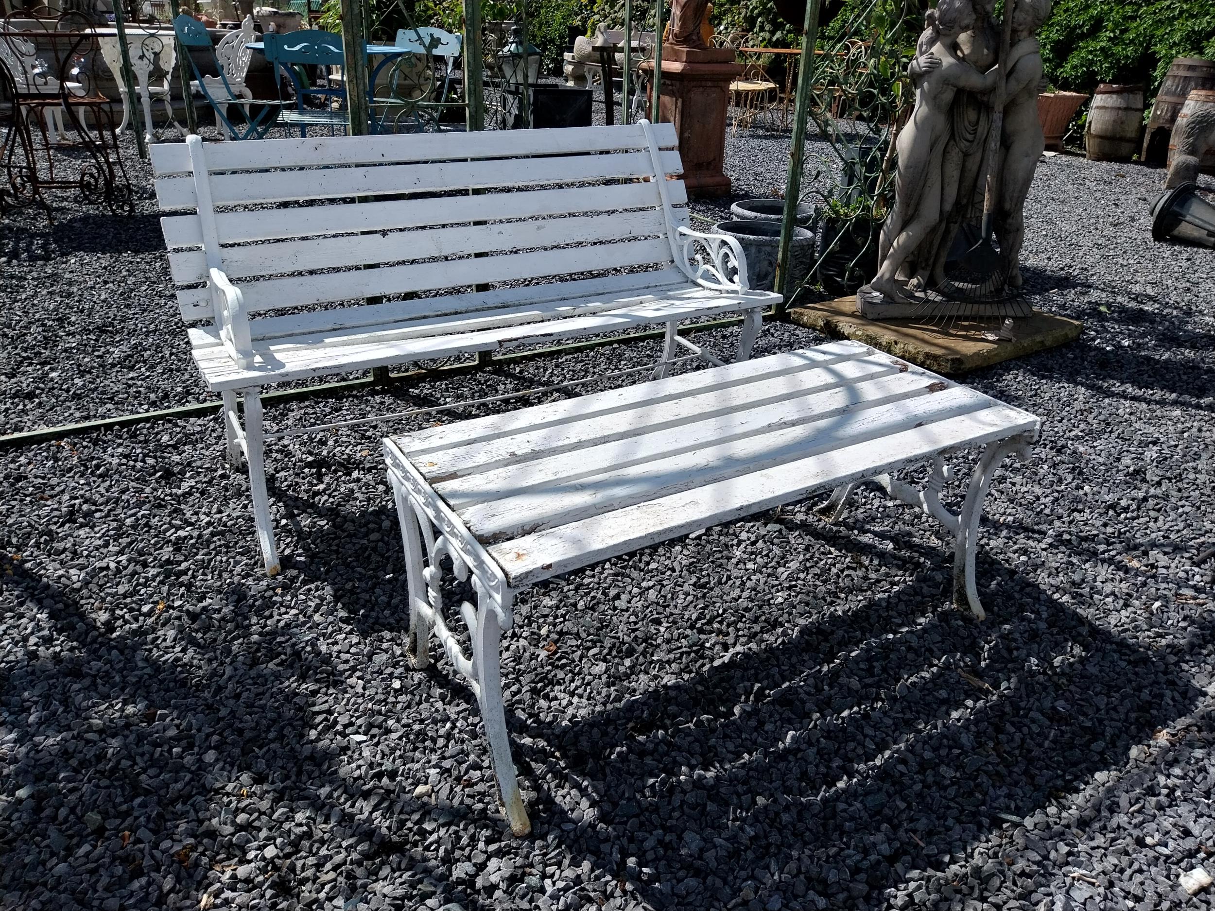 Cast iron garden bench with wooden slats and matching coffee table {Bench 67 cm H x 155 cm W x 55 cm