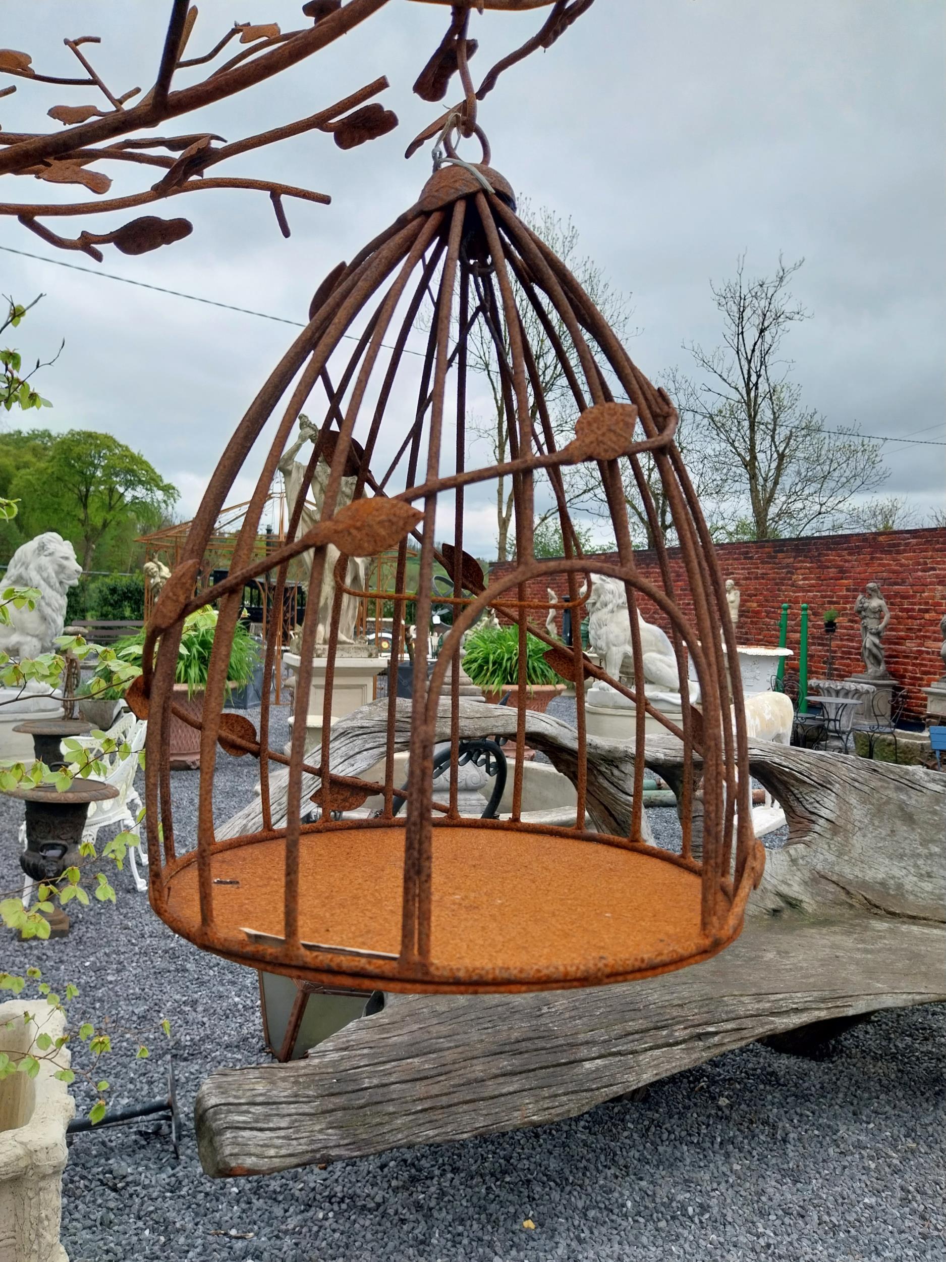 Decorative wrought iron bird feeder in the form of a tree and two hanging bird cages {224 cm H x 135 - Image 9 of 13
