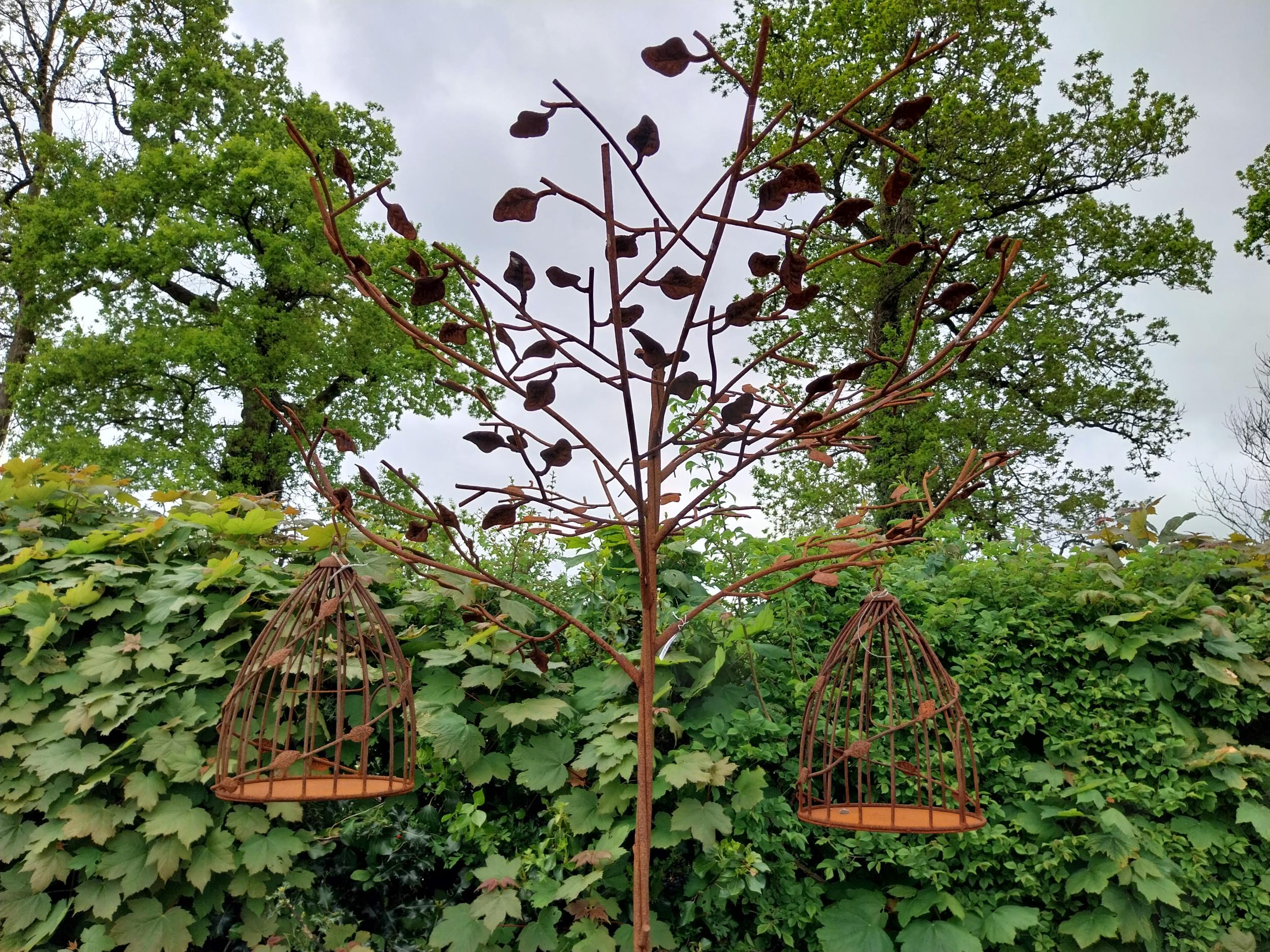 Decorative wrought iron bird feeder in the form of a tree and two hanging bird cages {224 cm H x 135 - Image 9 of 12