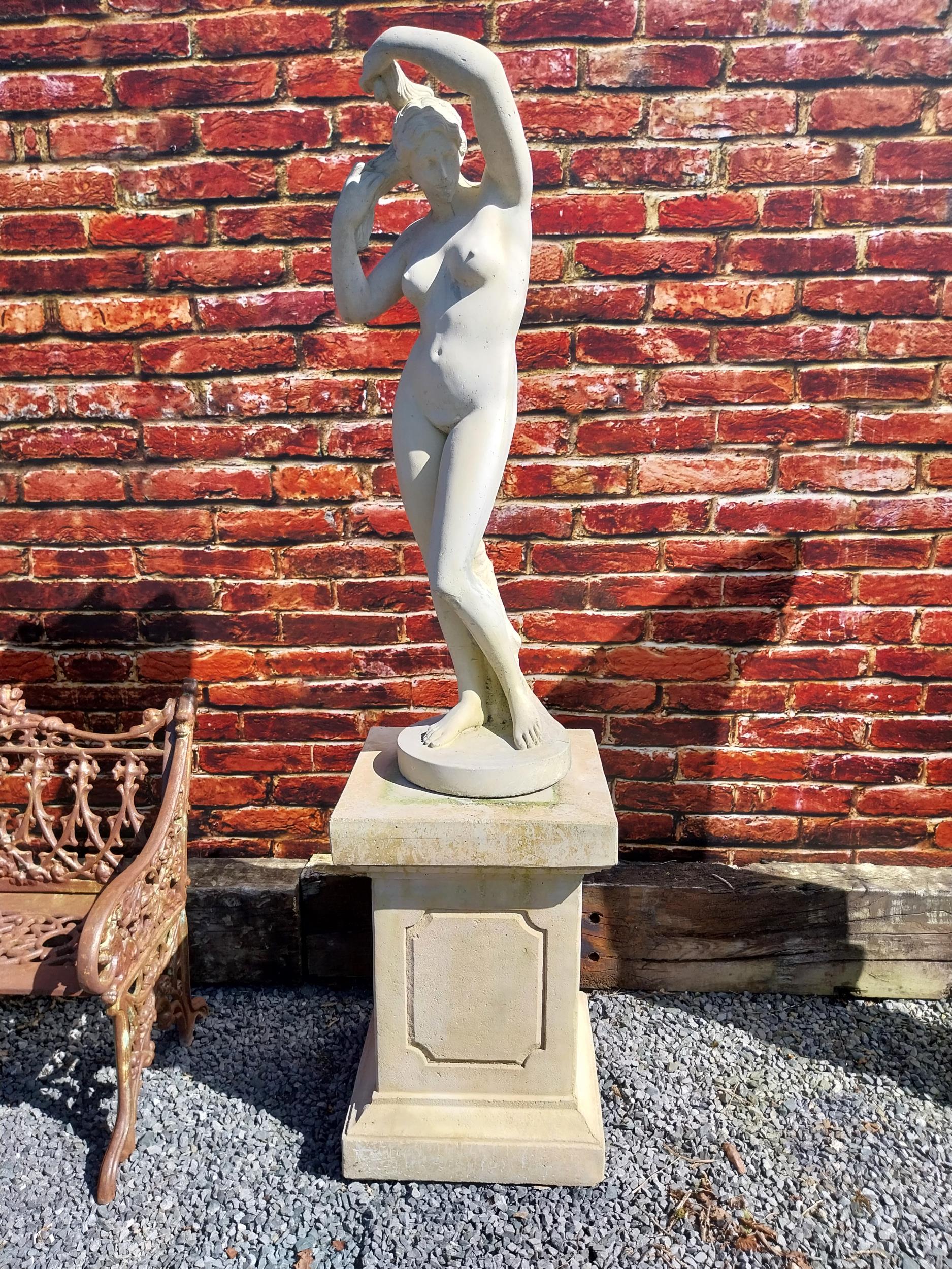 Moulded sandstone statue of a Grecian Lady raised on pedestal {192 cm H x 47 cm W x 47 cm D}.