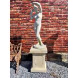 Moulded sandstone statue of a Grecian Lady raised on pedestal {192 cm H x 47 cm W x 47 cm D}.