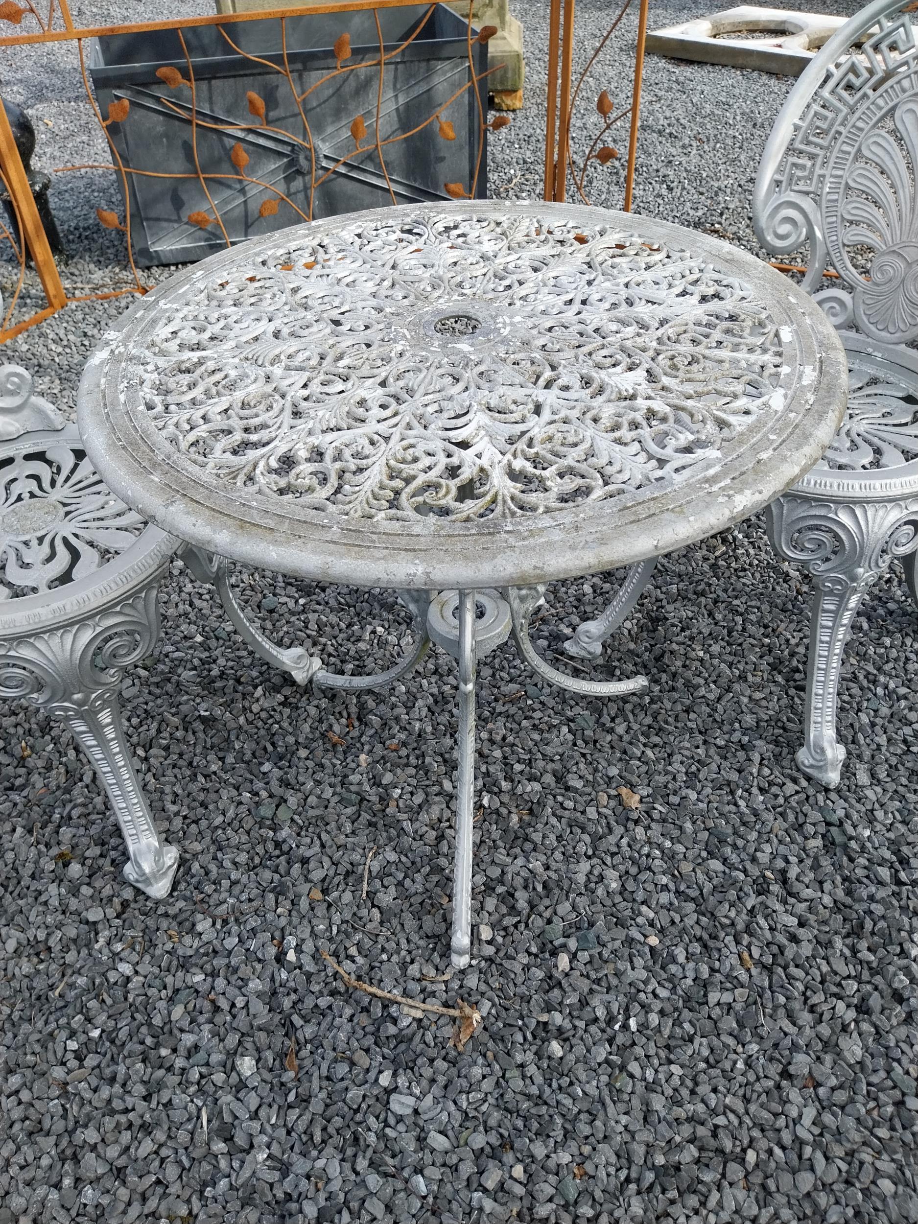 1950s cast aluminium garden table with two matching chairs {Tbl. 62 cm H x 68 cm Dia. and Chairs - Image 3 of 4