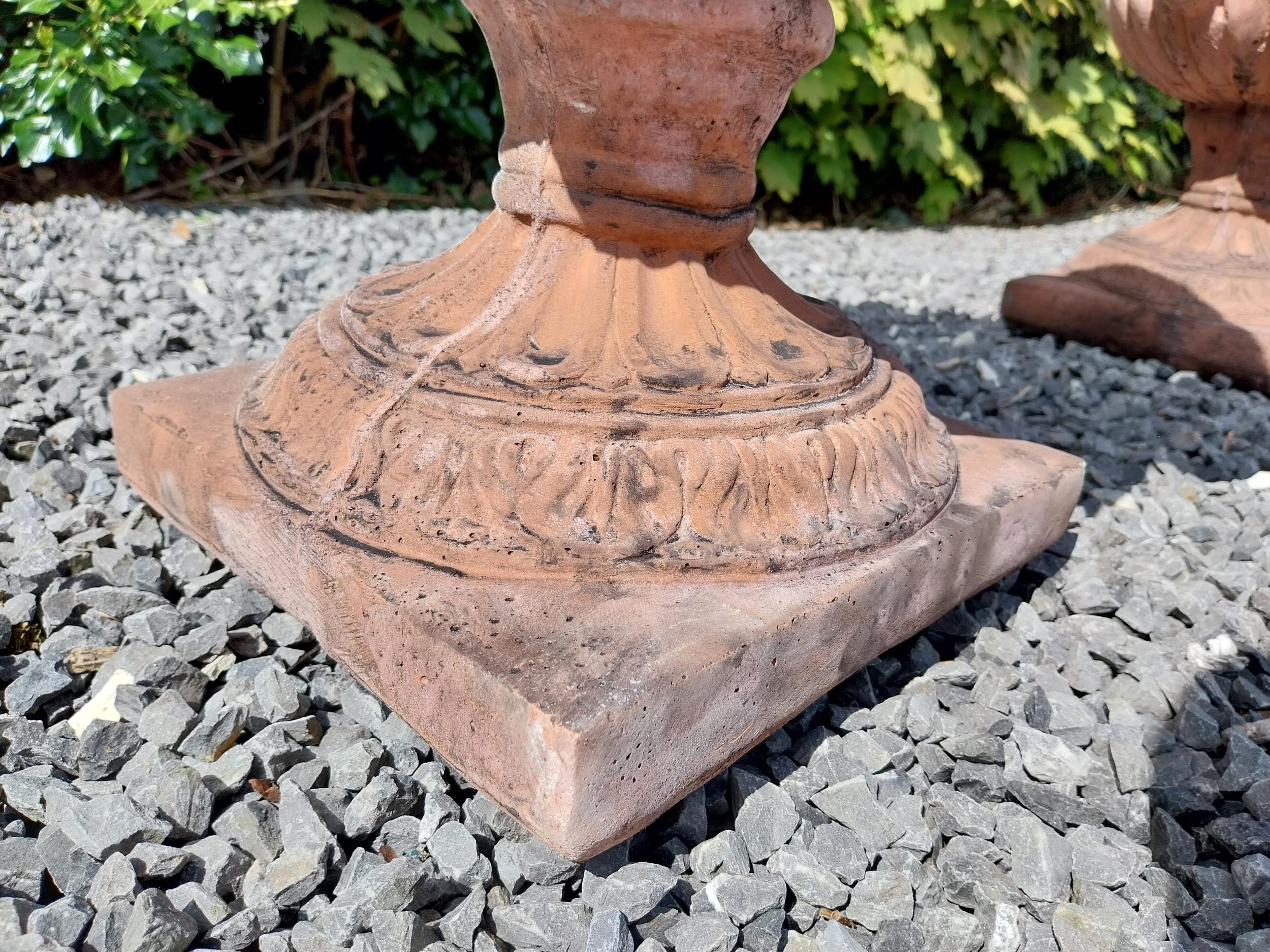 Pair of moulded terracotta lattice urns ivy leaf decoration {56 cm H x 46 cm Dia.}. - Image 8 of 8