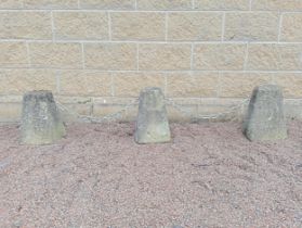 Three stone bollards with chain {Each H 40cm x 26 x 26 }. (NOT AVAILABLE TO VIEW IN PERSON)