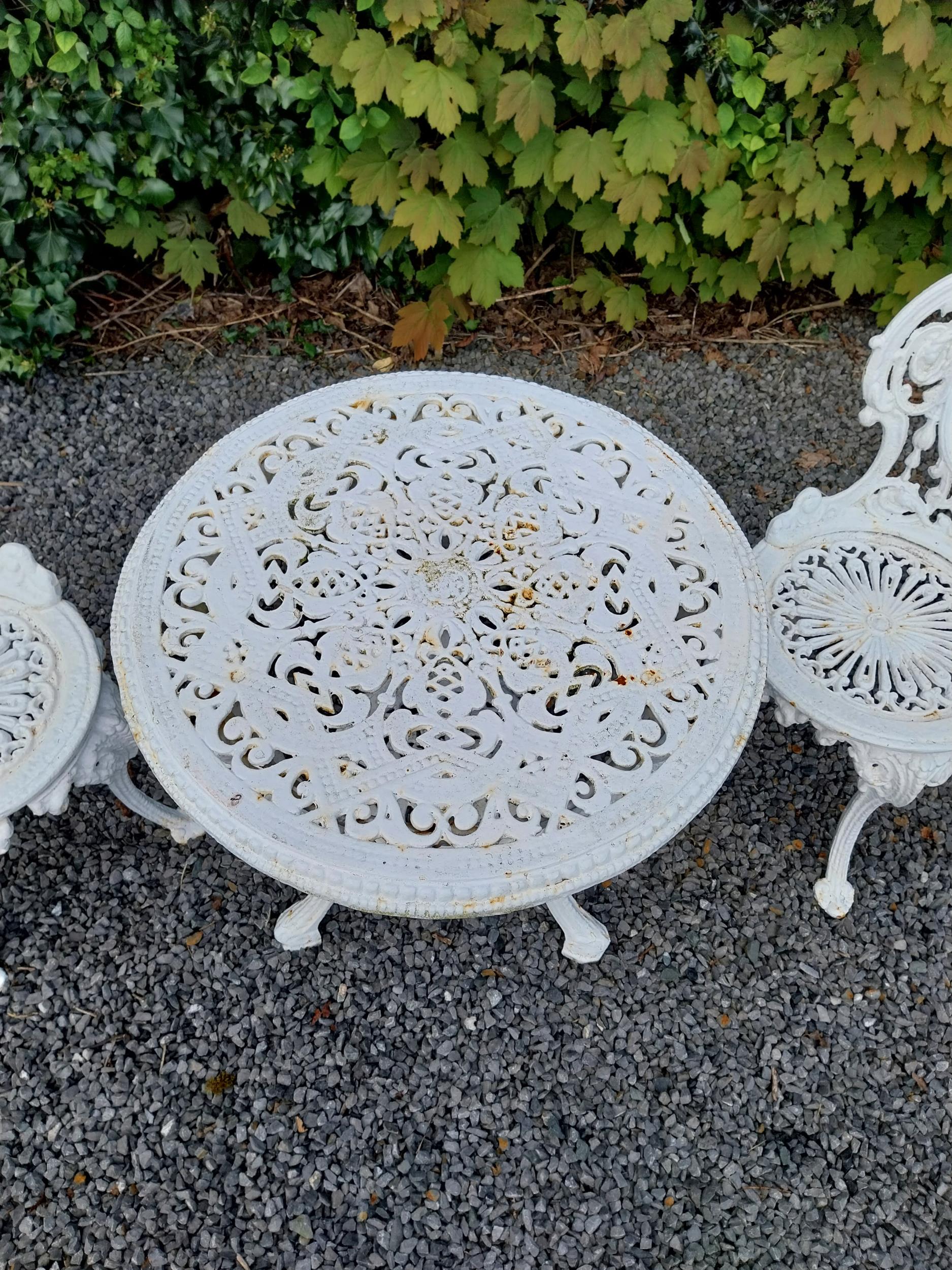 19th C. cast iron garden table with two matching chairs {Tbl. 68 cm H x 59 cm Dia. and Chairs 83 - Image 5 of 11