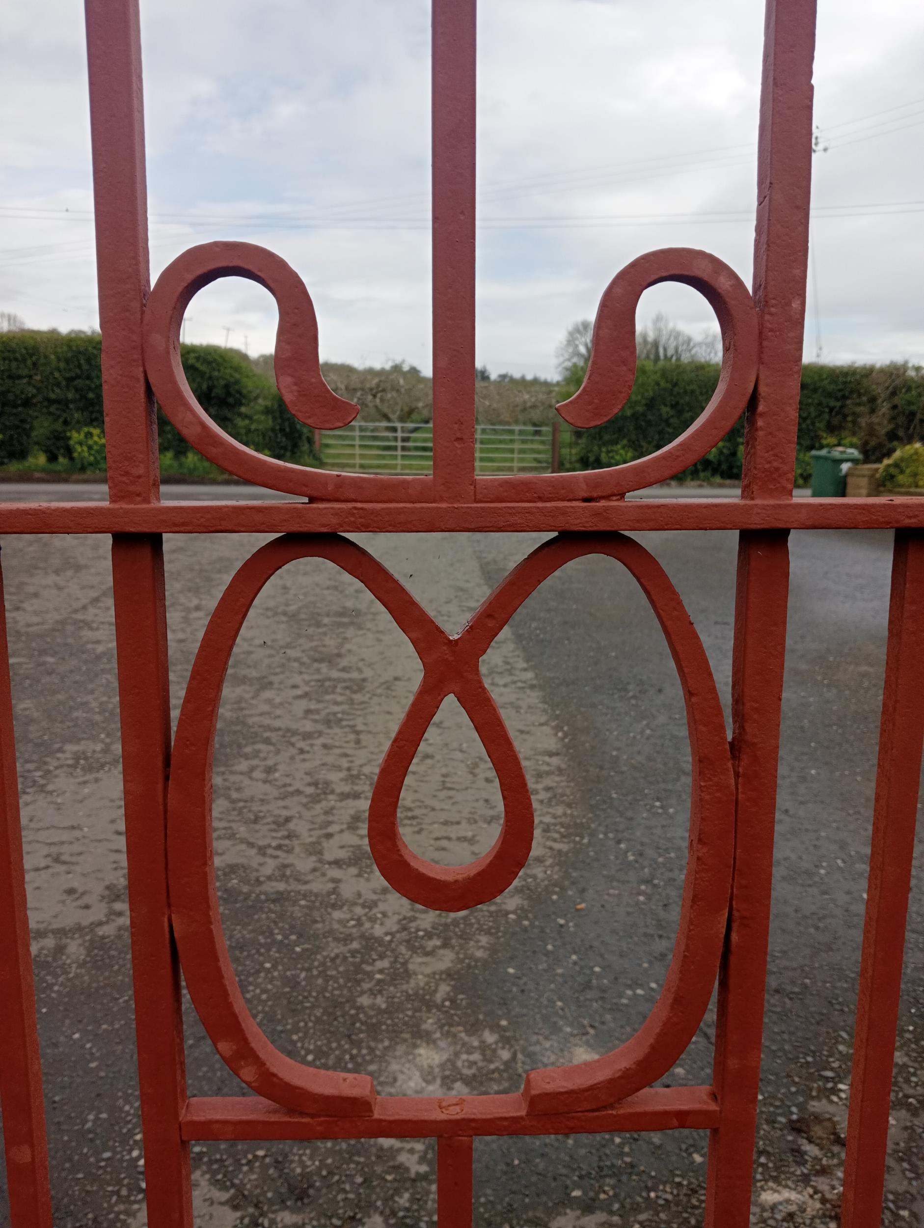 Pair of forged wrought iron riveted entrance gates {H 220cm x W 463cm x D 6cm}. (NOT AVAILABLE TO - Image 4 of 8