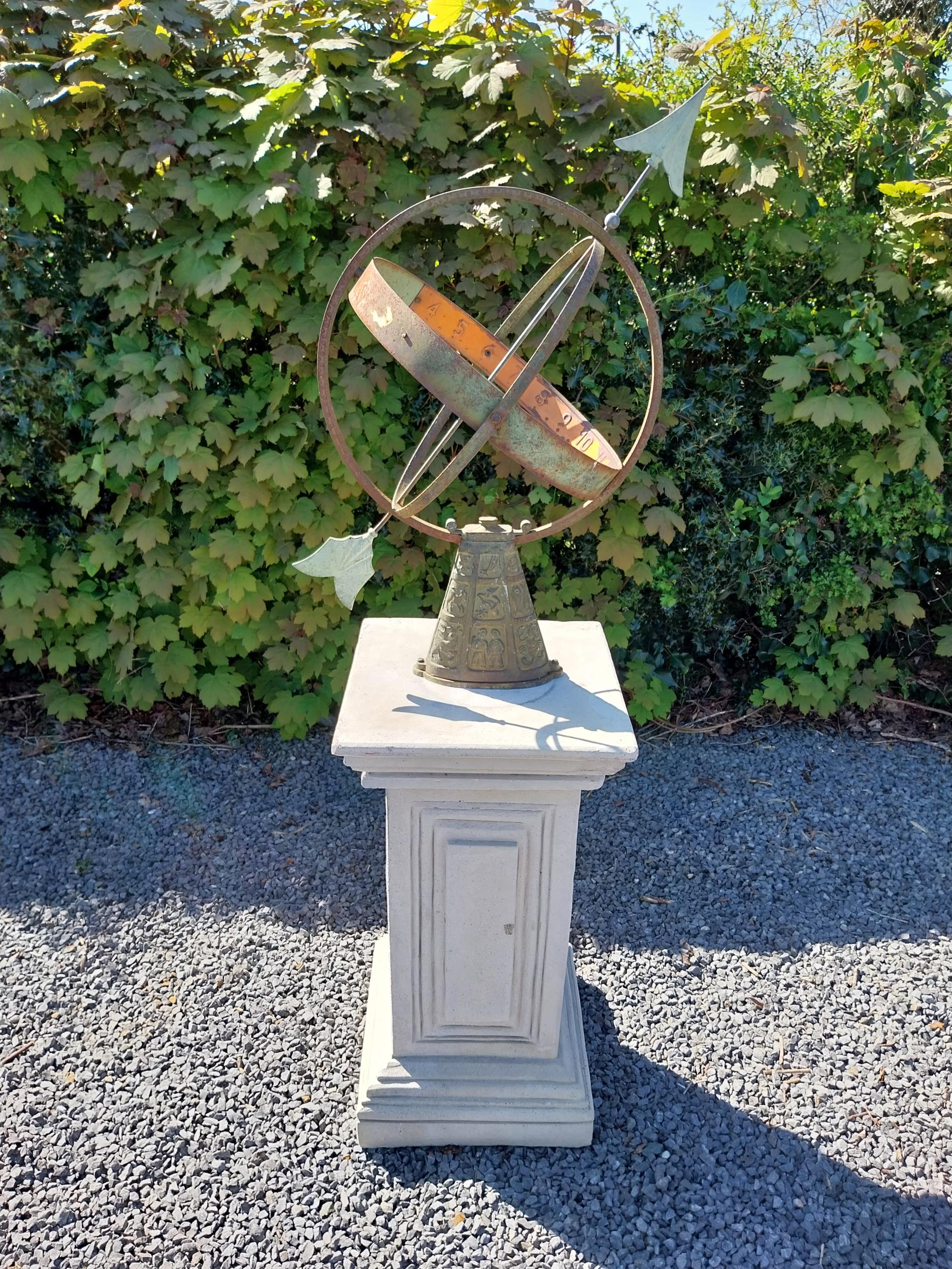 Copper and metal Armorial sundial raised on moulded sandstone pedestal {158 cm H x 40 cm W x 40 cm - Image 2 of 10