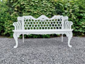 Decorative French cast iron three seater garden bench {95 cm H x 158 cm W X 44 cm D}.