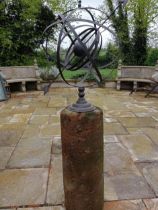 Sandstone and brass hexagon top sundial {H 90cm x D 50cm}. (NOT AVAILABLE TO VIEW IN PERSON)
