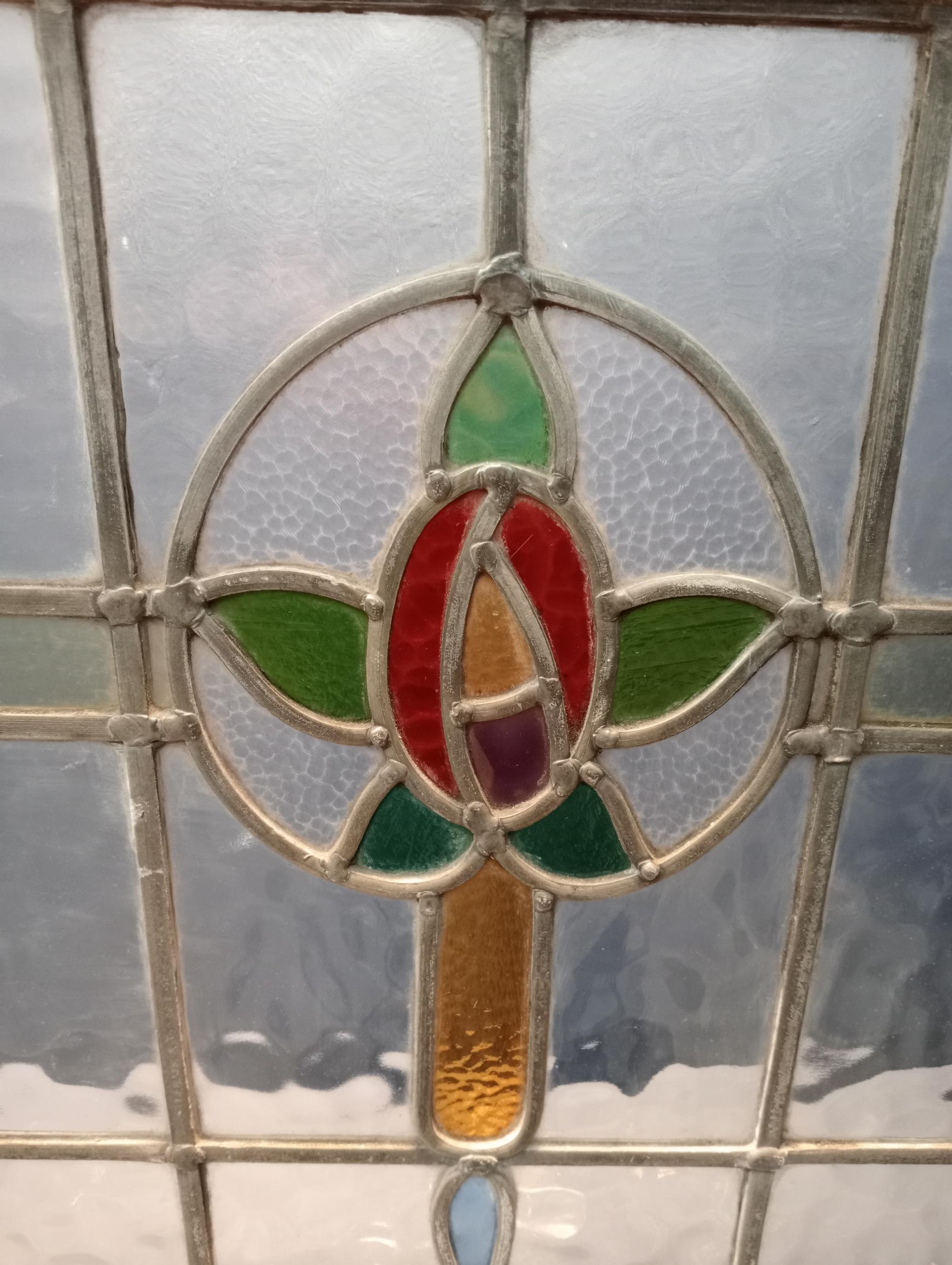 Leaded stain glass window with green and red tulip design {H 60cm x W 102cm }. (NOT AVAILABLE TO - Image 2 of 5