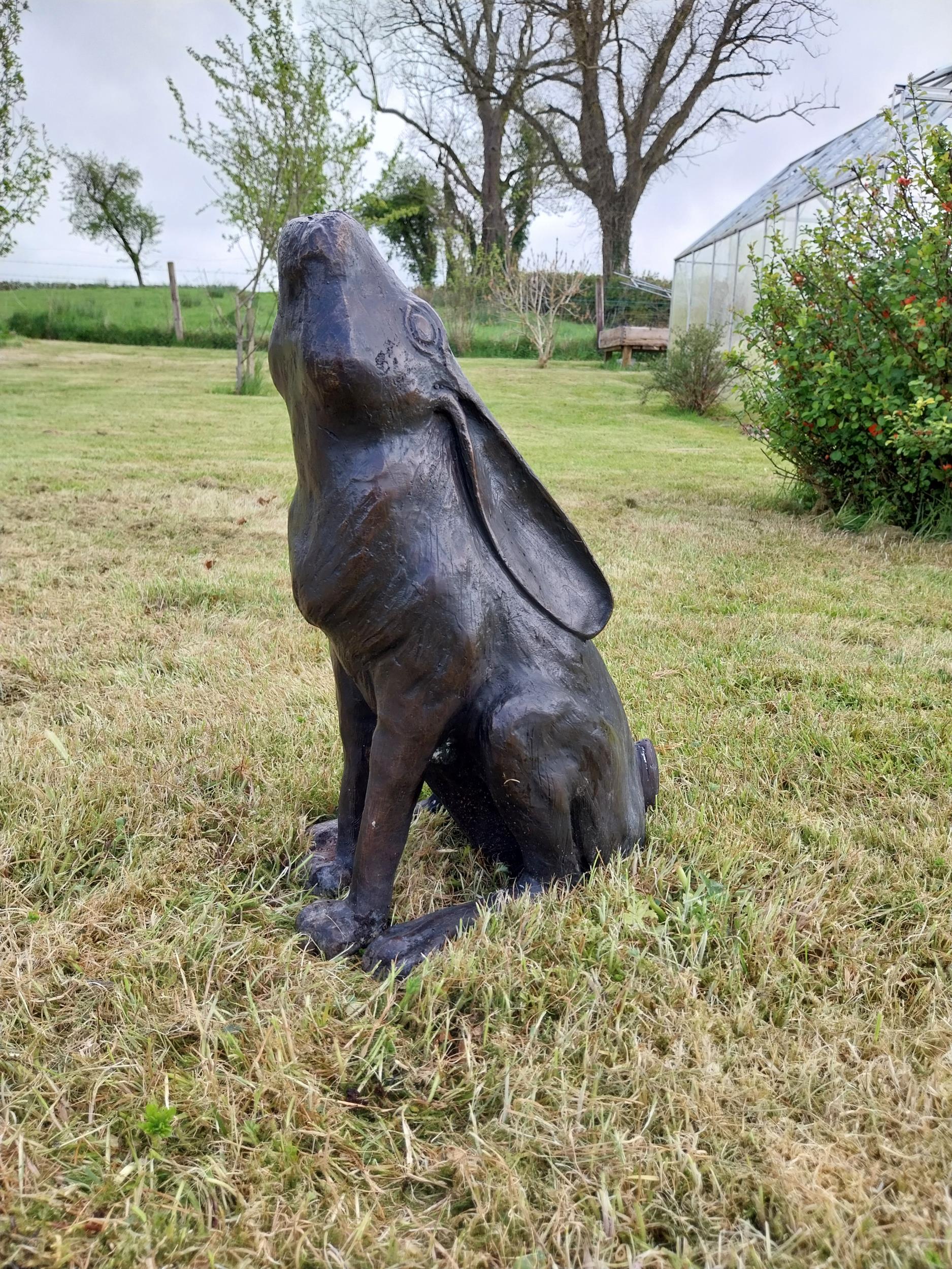 Exceptional quality bronze statue of a seated Hare with ears back {36 cm H x 38 cm W x 23 cm D}. - Image 2 of 3
