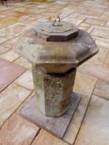 Sandstone and brass hexagon top sundial {H 75cm x D 30cm}. (NOT AVAILABLE TO VIEW IN PERSON)