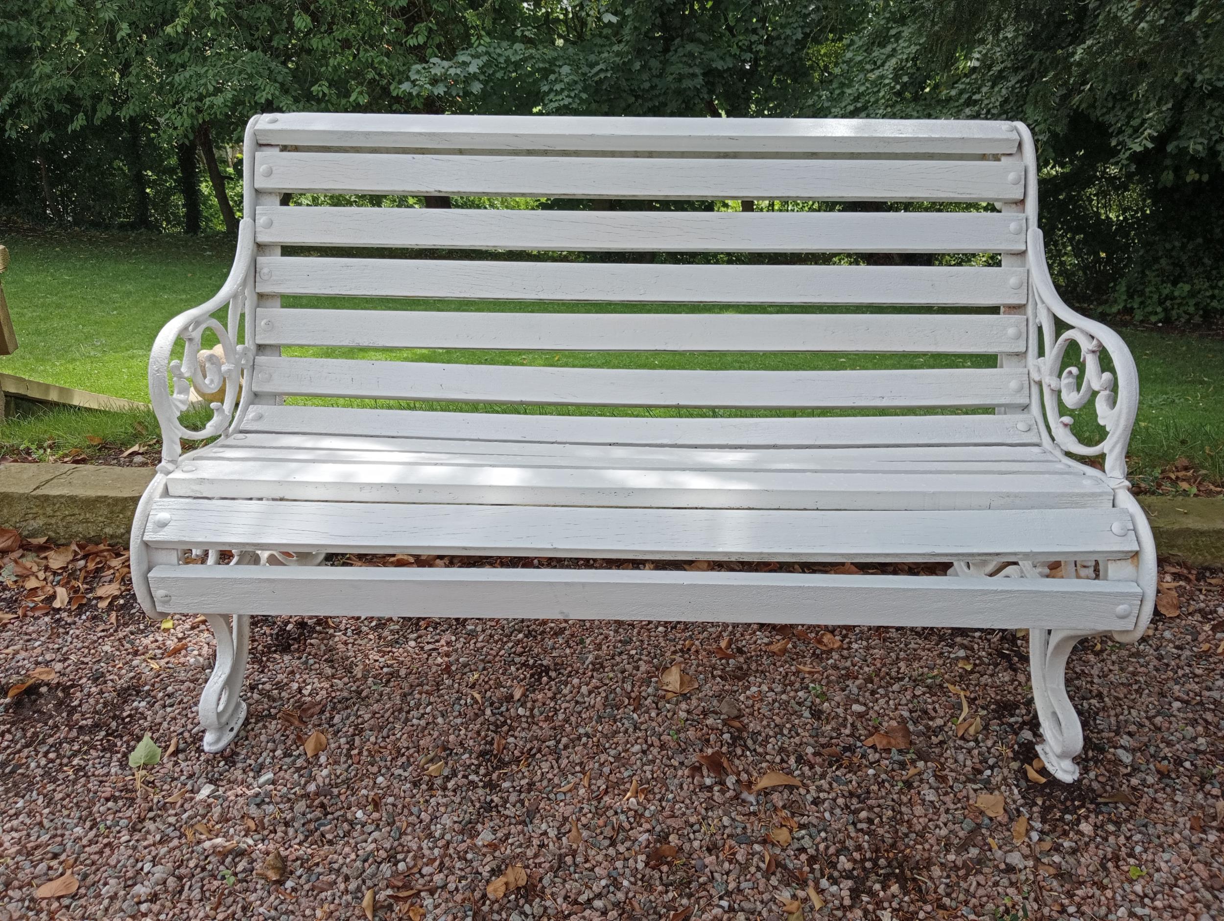 Cast iron and wooden rolltop bench {H 87cm x W 134cm x D 75cm }. (NOT AVAILABLE TO VIEW IN PERSON)