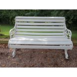 Cast iron and wooden rolltop bench {H 87cm x W 134cm x D 75cm }. (NOT AVAILABLE TO VIEW IN PERSON)