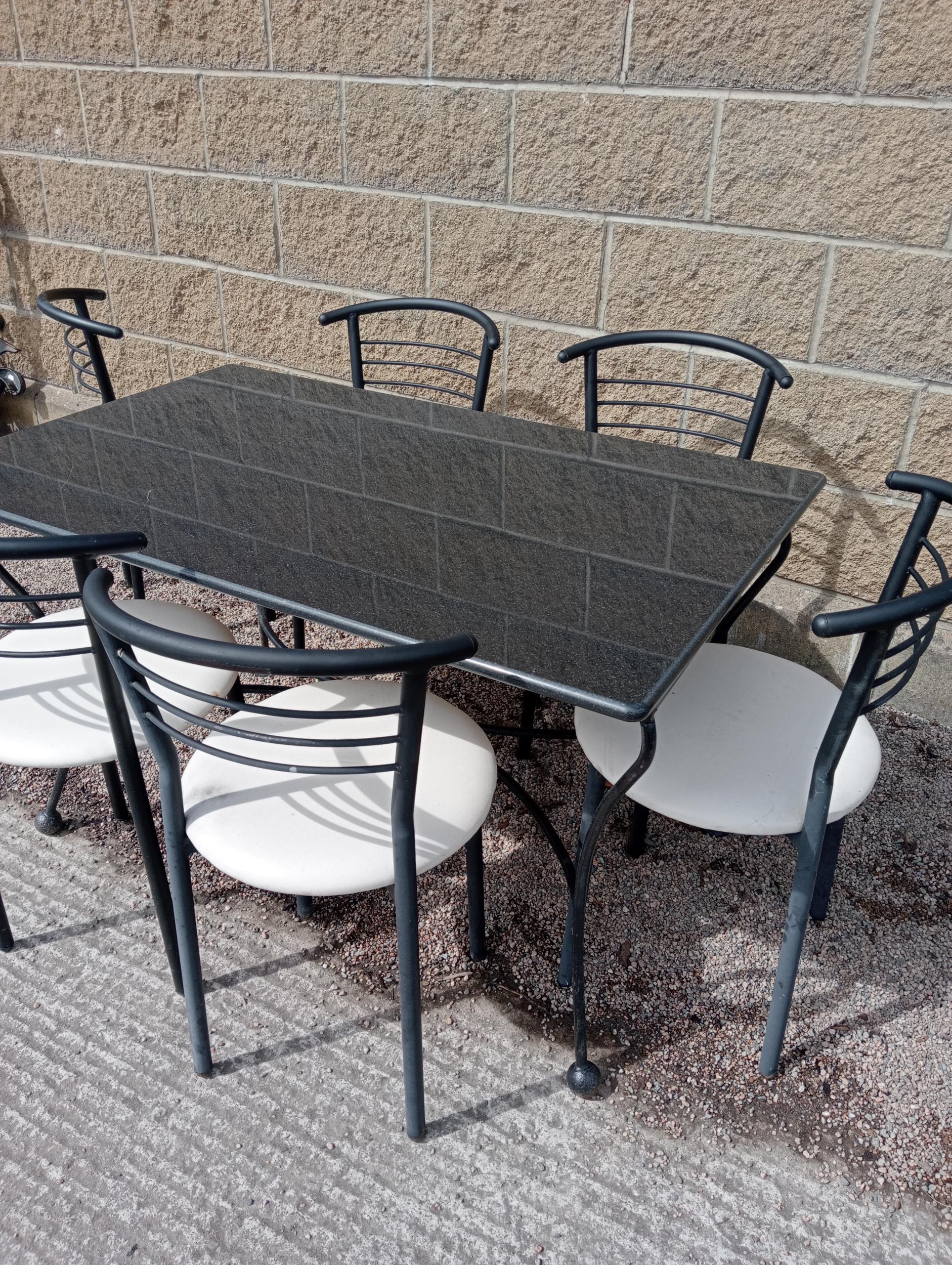 Cast iron table with marble top and six metal chairs with leather seats {Table H 72cm x W 120cm x - Image 7 of 7