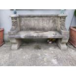 Exceptional quality carved limestone garden bench decorated with roses and pedestal {116 cm H x